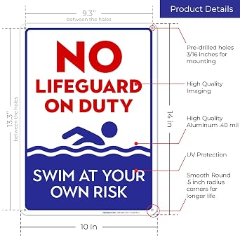 No Lifeguard On Duty Sign, Blue Pool Sign,