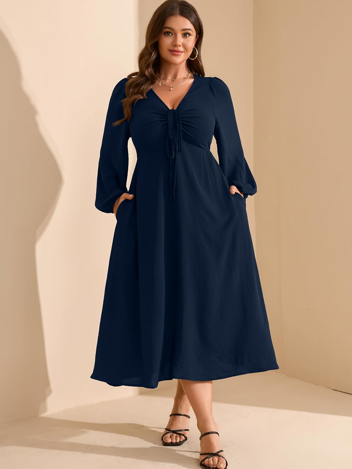 RWJ Fall Wedding Guest Dresses for Women Plus Size V Neck Long Sleeve Tie Front Cocktail Maxi Dress with Pockets - Image 3