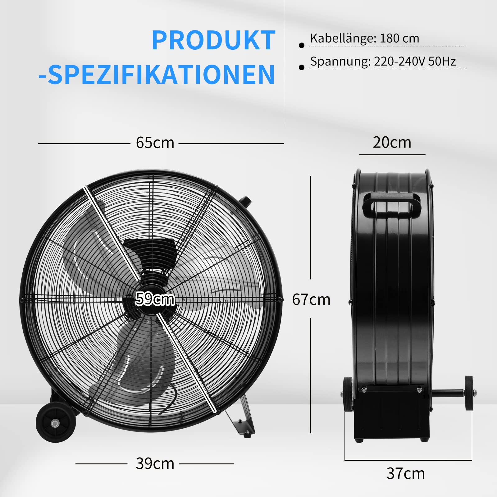 COSTWAY 65cm Bodenventilator groß, 180W Windmaschine 3 Stufen | Trommelventilator industriell mit Rollen, Leistungsstarker Standventilator für Lager, Werkstatt, Terrasse und Keller