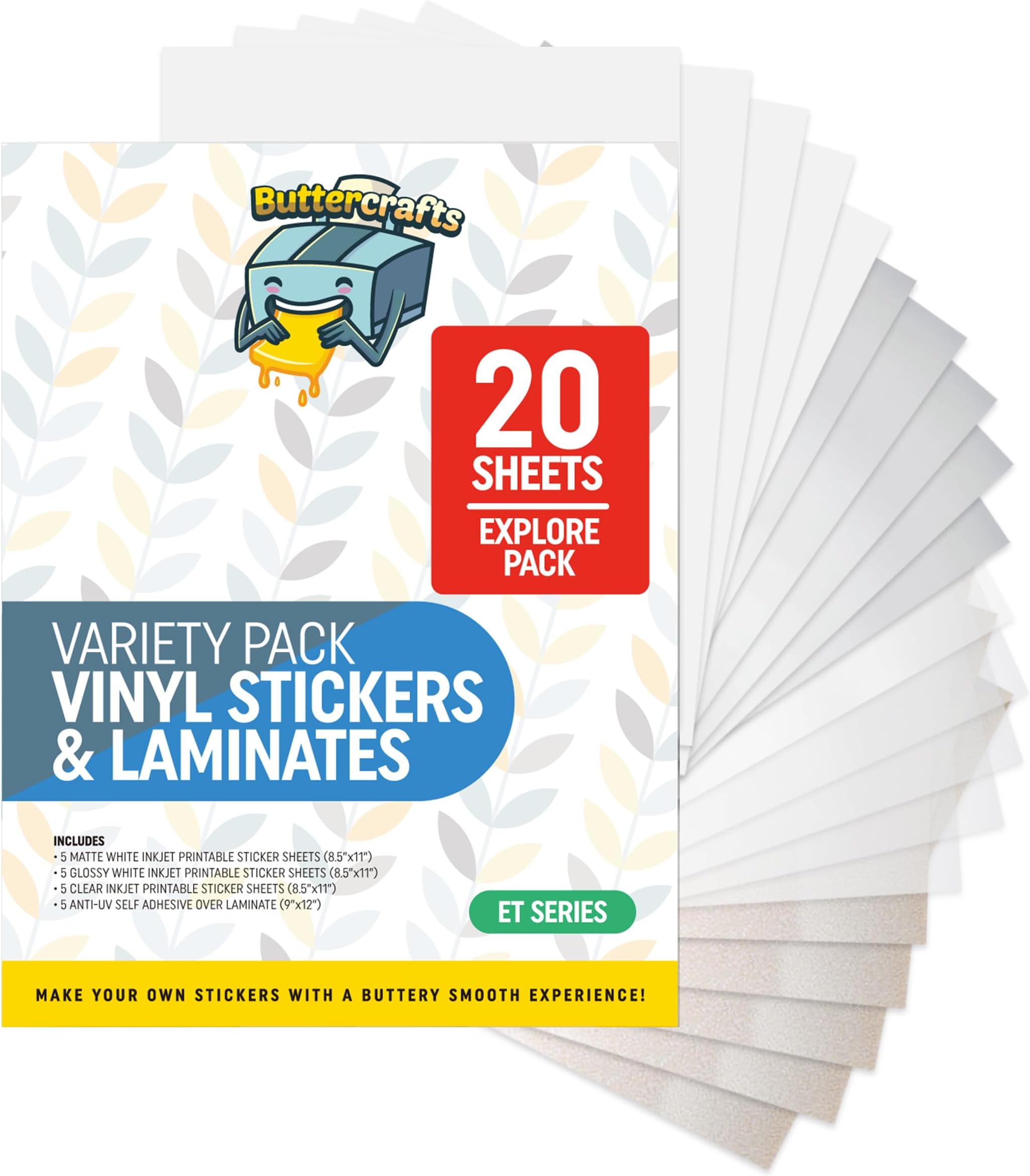 Explore (Epson Printers) - Printable Vinyl Sticker Paper for Inkjet Printer (Blank Stickers) and Laminate Sheets: 5 Matte, 5 Glossy, 5 Clear Waterproof Printable Sticker Paper, 5 Anti-UV Laminate.