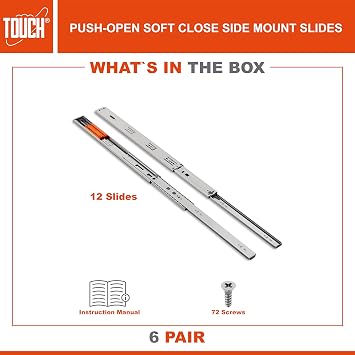 TOUCH Drawer Slides (6 Pairs, 22 Inch 550mm) Push to Open Soft-Close Side Mount Ball Bearing 3 Folds Metal Rails Track Guide Glides Runners Heavy Duty Drawer Dresser Kitchen, 100 LB Capacity