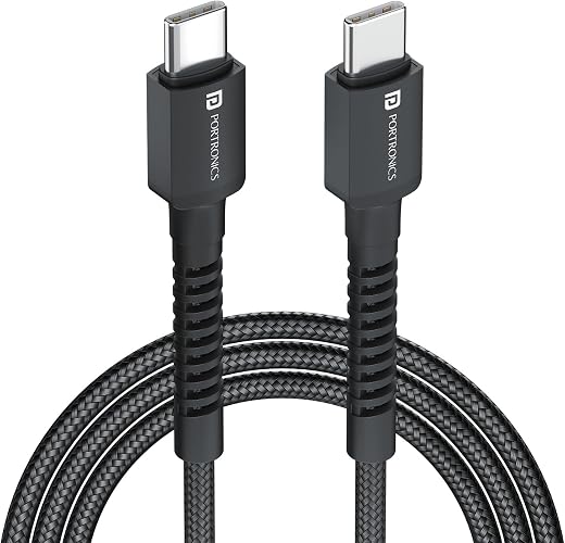 Portronics Konnect X 60W Type C to Type C Unbreakable Nylon Braided Cable, 1M Fast Charging Cable for iPhone 15 series, iP...