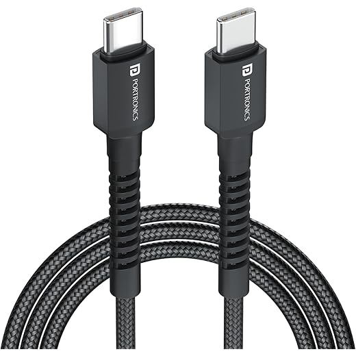 Portronics Konnect X 60W Type C to Type C Unbreakable Nylon Braided Cable, 2M Fast Charging Cable for iPhone 15 series, iPad, Samsung Galaxy & other Type C Devices(Black)
