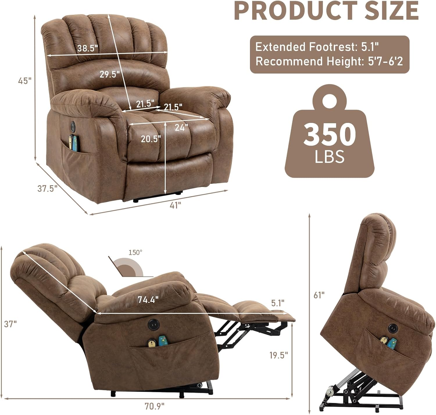 Large Power Lift Recliner Chair with Extended Footrest for Elderly Big Tall Man, Overstuffed Heated Massage Wide Electric Recliners with 2 Remote Controls, Side Packets & USB Ports, Brown
