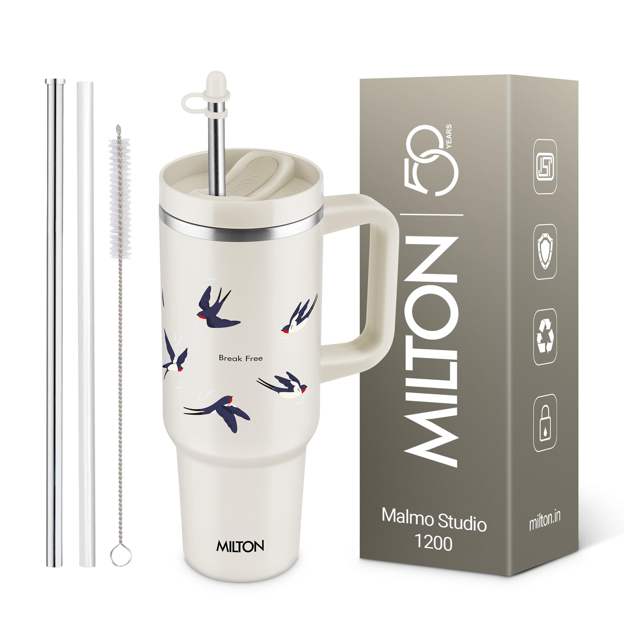 MILTON Malmo 1200 Thermosteel Double Wall Vacuum Insulated Stainless Steel Tumbler with Handle 1100ml, Travel Mug with Straw,Silicon Cap,Cleaning Brush,Hot & Cold Beverage Flask,Kolkata Oilve Green