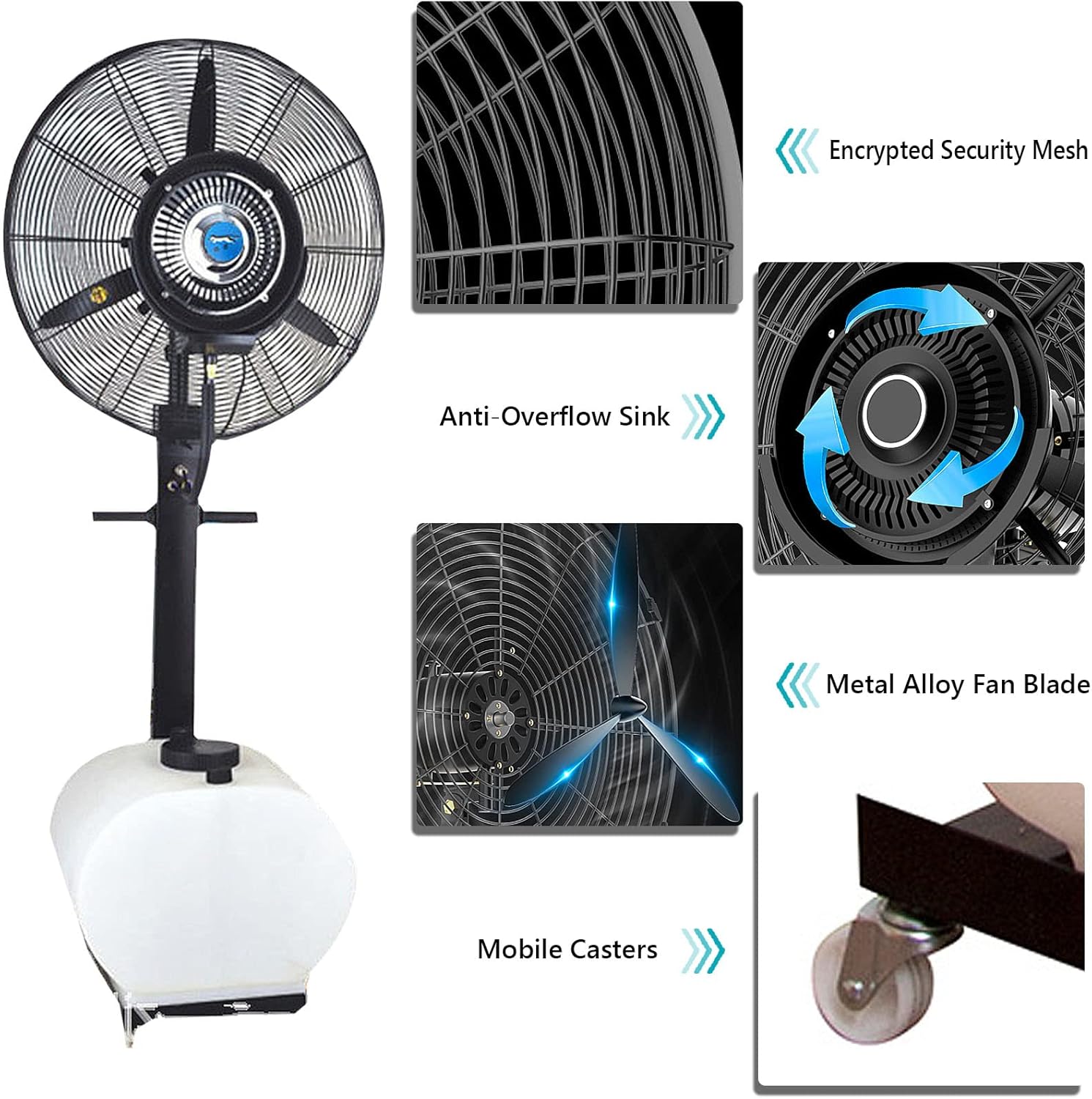Misting Fan Outdoor Pedestal Fan with Mist, 3 Wind Modes, 90° Oscillation Industrial Fan Misters for Cooling, Patio, Garage, Gym, Workshop