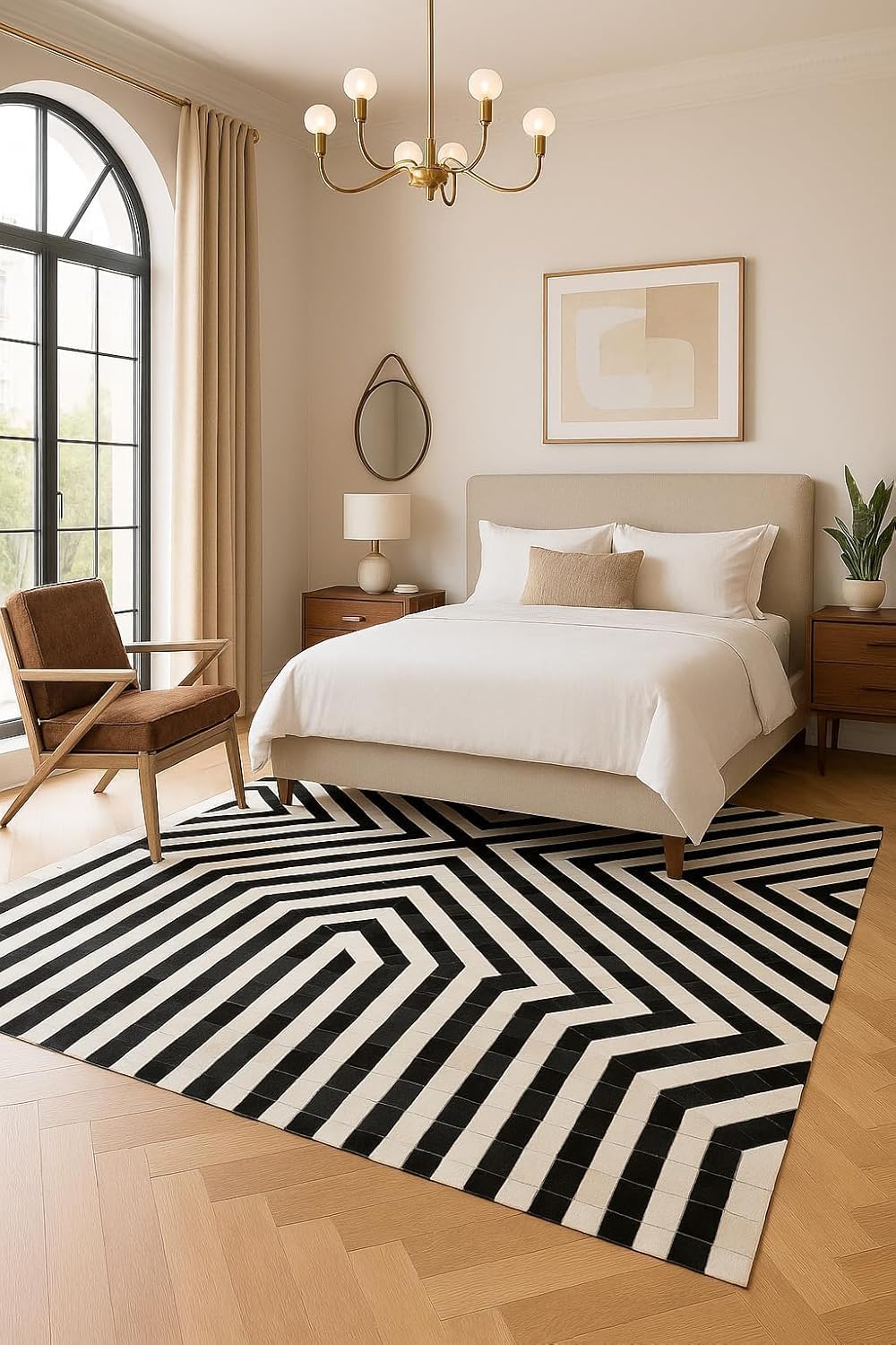 Luxe Modern Black and White Geometric Cowhide Leather Area Rug, Contemporary Geometric Pattern, Premium Hand-Stitched Design for Living Room, Bedroom (Black/White-26, 8x10)