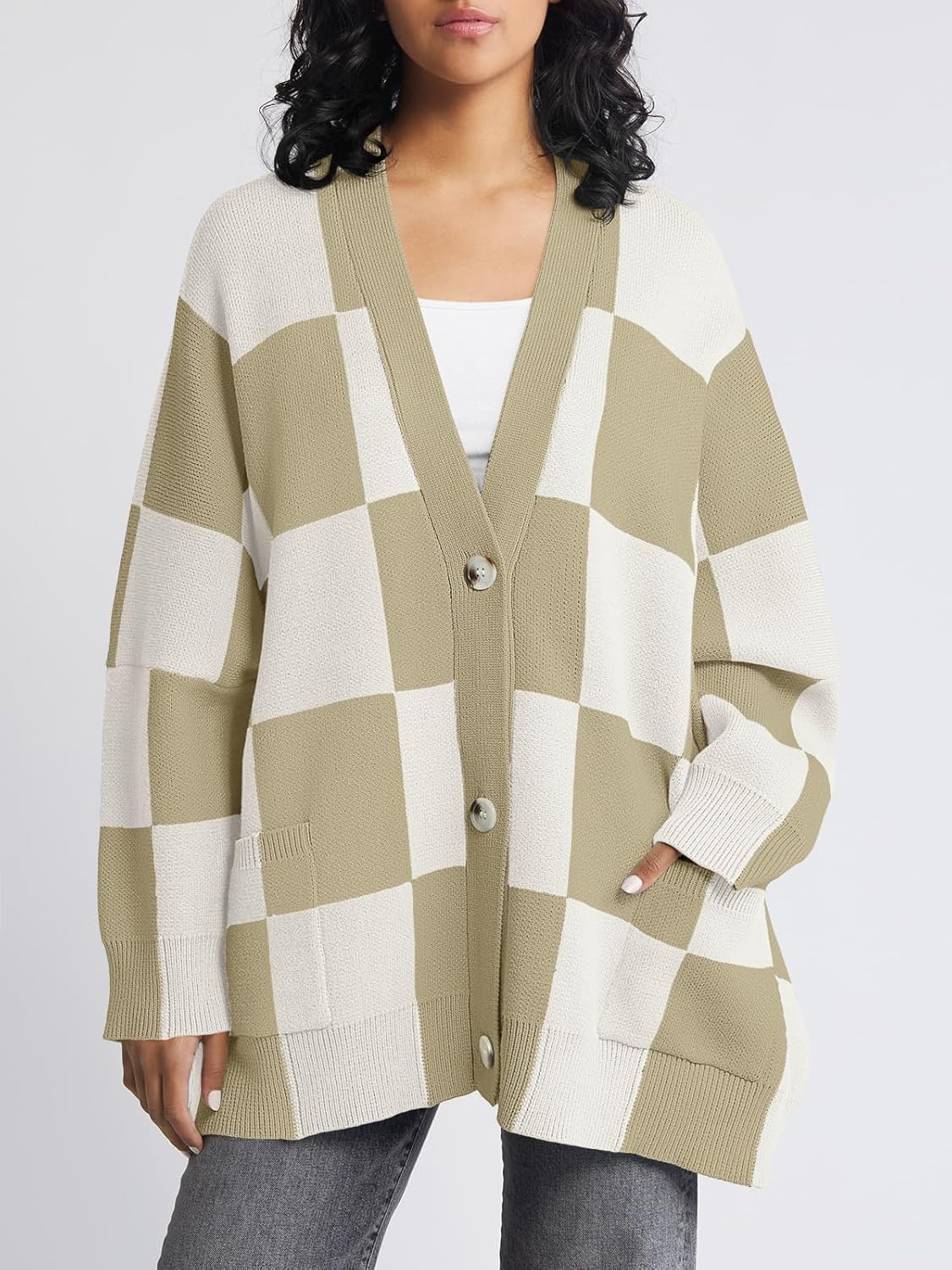 Saodimallsu Womens Checkered Sweater Color Block Plaid Oversized Cardigan Long Sleeve V Neck Button Down Knit Coats - Image 2