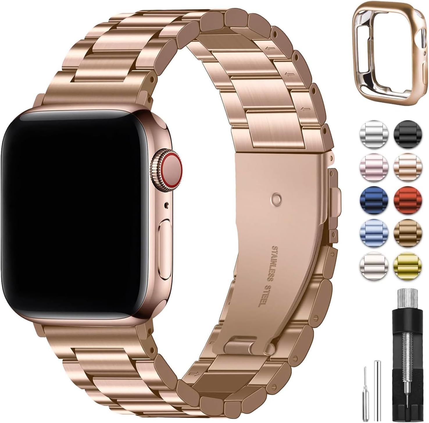 Fullmosa Compatible Apple Watch Band 38mm 40mm 41mm, Stainless Steel iWatch Band with Case for Apple Watch SE3/2/1 Series 9/8/7/6/5/4/3/2/1, 38mm 40mm 41mm Rose Gold (Watch not Included)