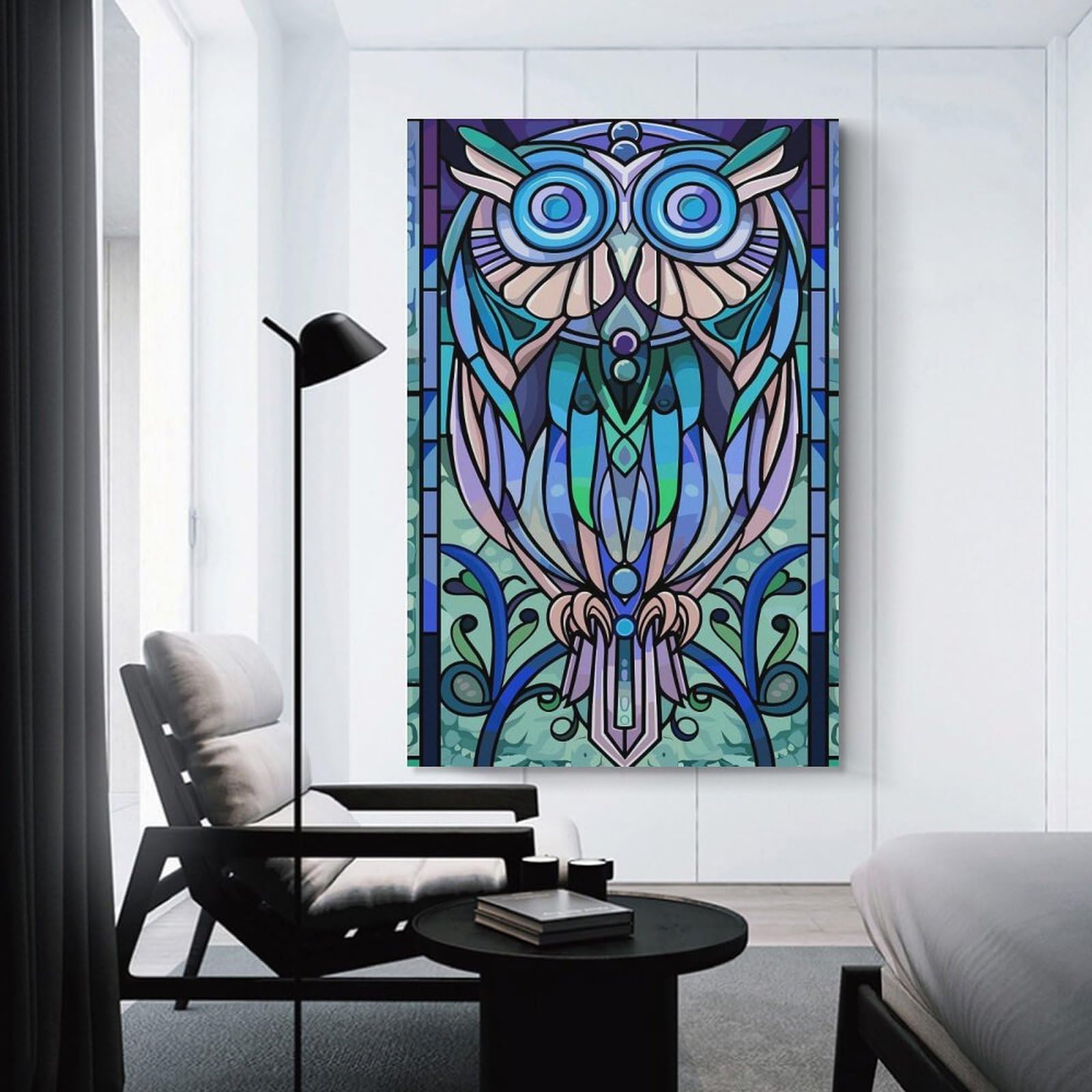 Junmoney Stained Glass Owl Art Canvas Wall Decor 12x18inch(30x45cm), for Corridors, Hallways Or Apartment Entries, A Stylish Accent for Home Entrances