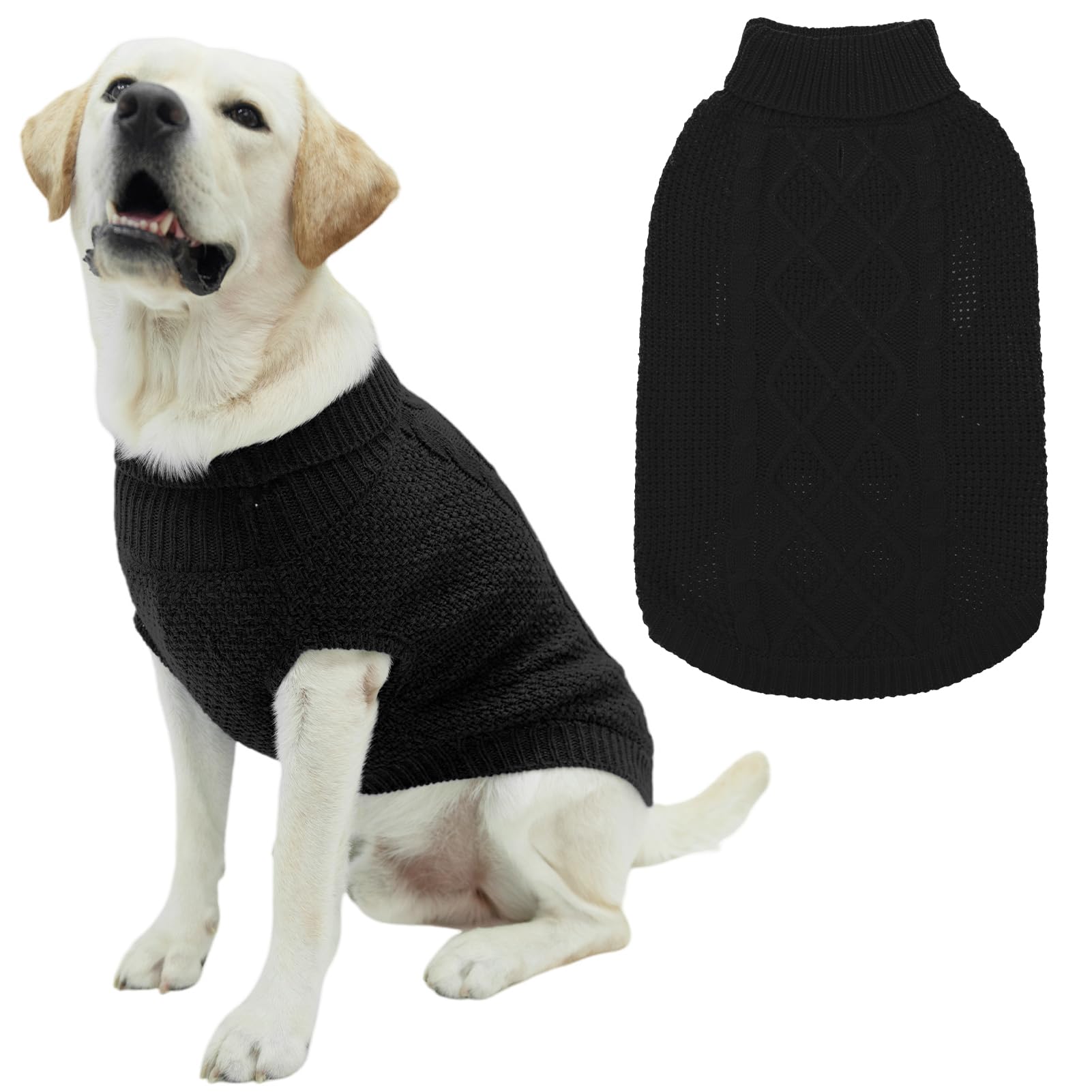Mihachi Turtleneck Dog Sweater - Winter Coat Apparel Classic Cable Knit Clothes with Leash Hole for Cold Weather, Ideal Gift for Pet in New Year Black Medium/Large — image 1