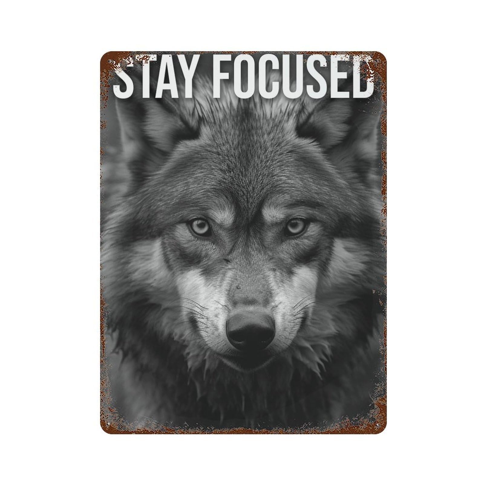 Stay Focused Wolf Distressed Metal Wall Sign 15.7"x11.8", Rustic Home Decor for Living Room, Hallway And Home Decor