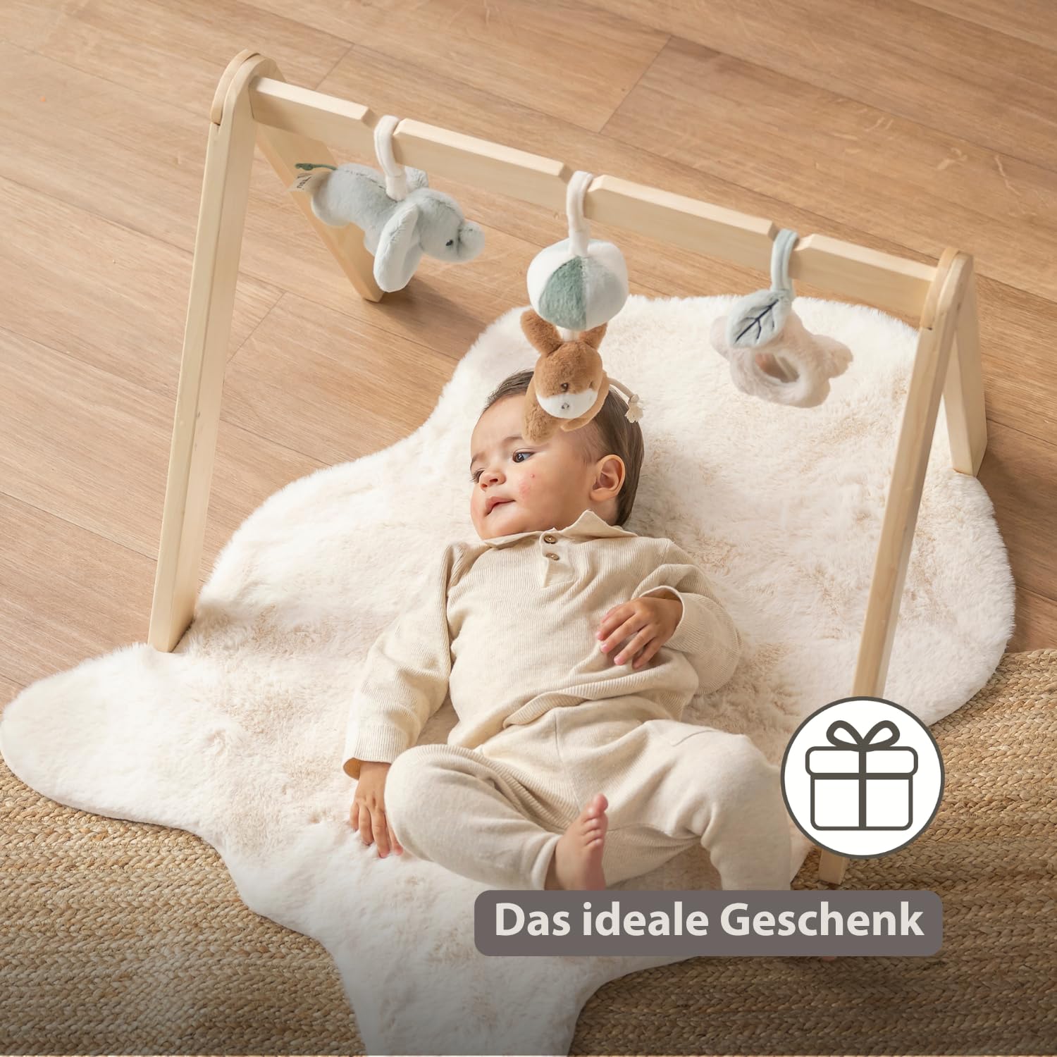 Nattou Loulou Holzbogen mit Hängendem Spielzeug, Montessori-Spielbogen Baby, Spielbogen Baby, Sensorische und Motorische Entwicklung für Babys, 60 x 50 x 47 cm, Sanfte Farben