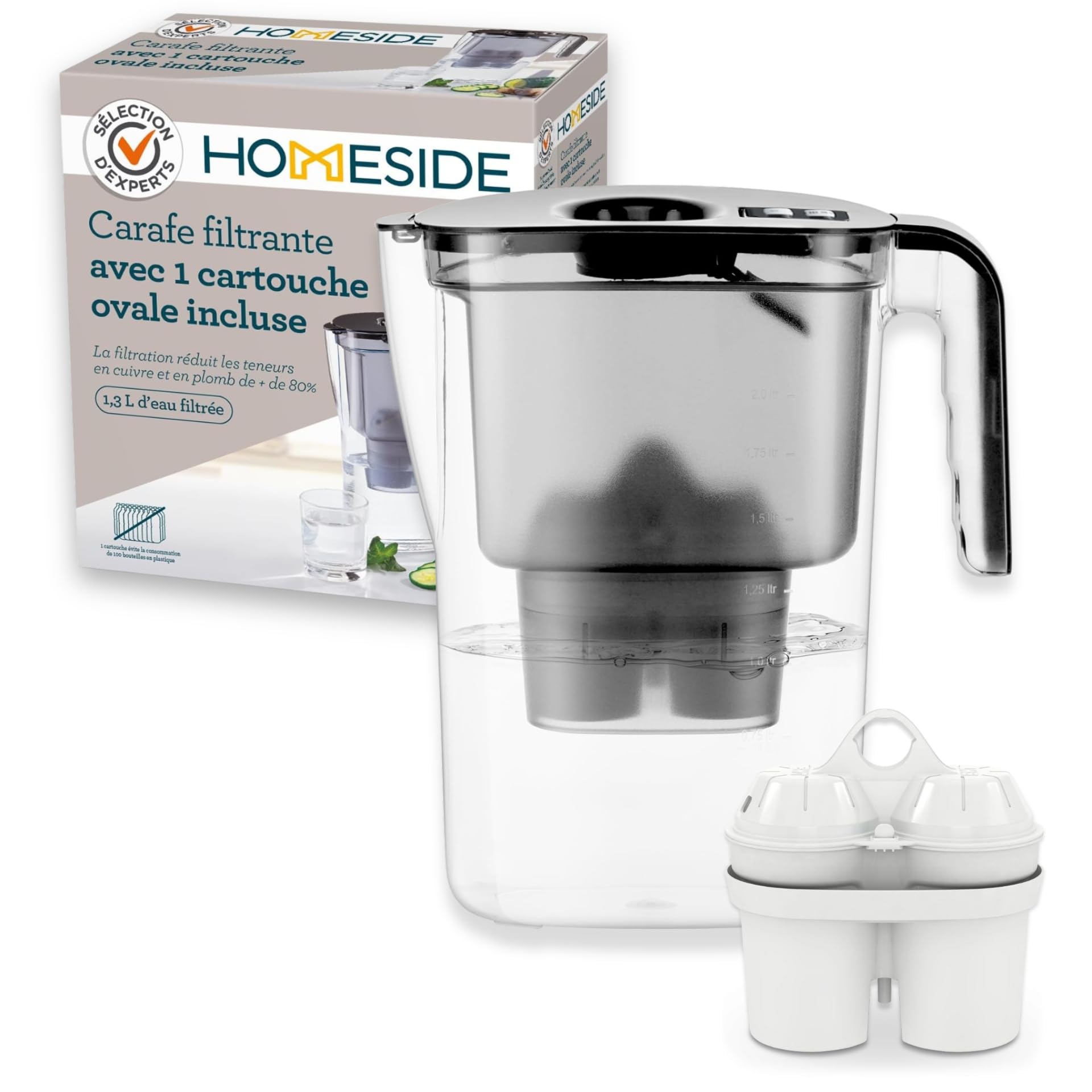 BWT Filtro acqua Homeside nero 1,3l | Filtro con 1 cartuccia di acqua filtrata dolce | Filtro per acqua potabile | Filtro calcare, cloro, piombo e rame