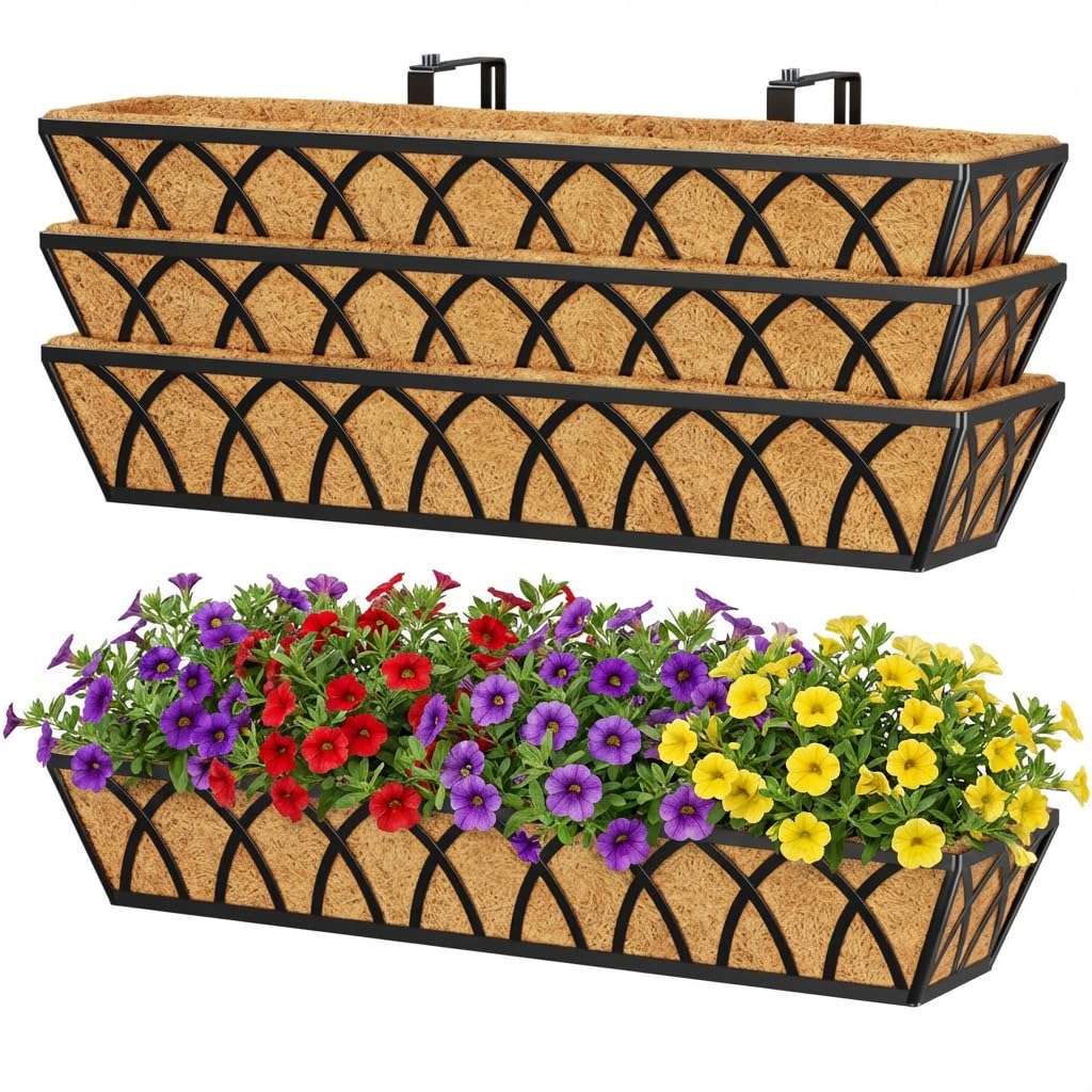 Y&M 30 Inch Window Deck with Coco Liner, Fence Metal Hanging Flower Planter Basket Deck Railing Planter Boxes for Outdoor Garden Lawn, 30" Window