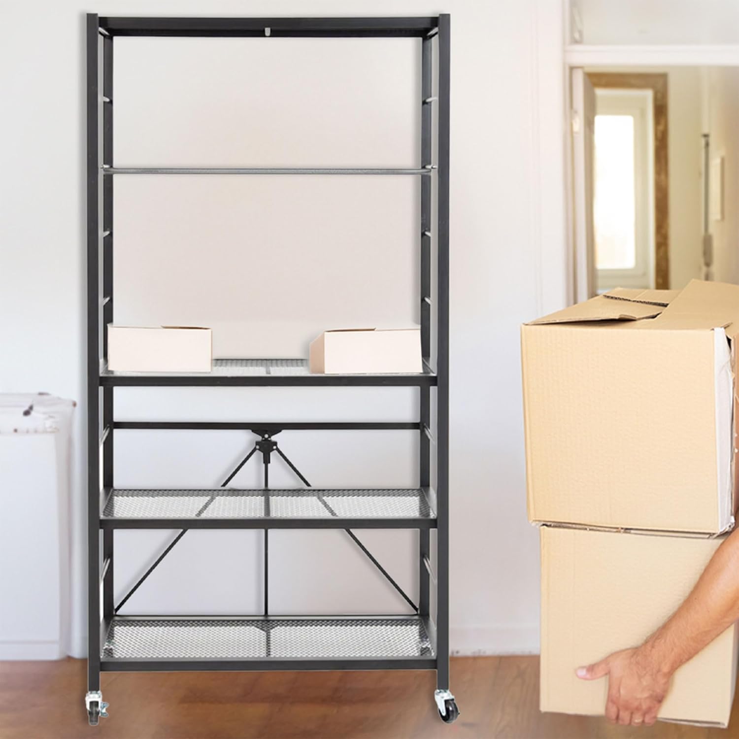 Origami 2-Pack R2 Storage Rack, 4-Tier Heavy Duty Folding Steel Shelves with Wheels, Black