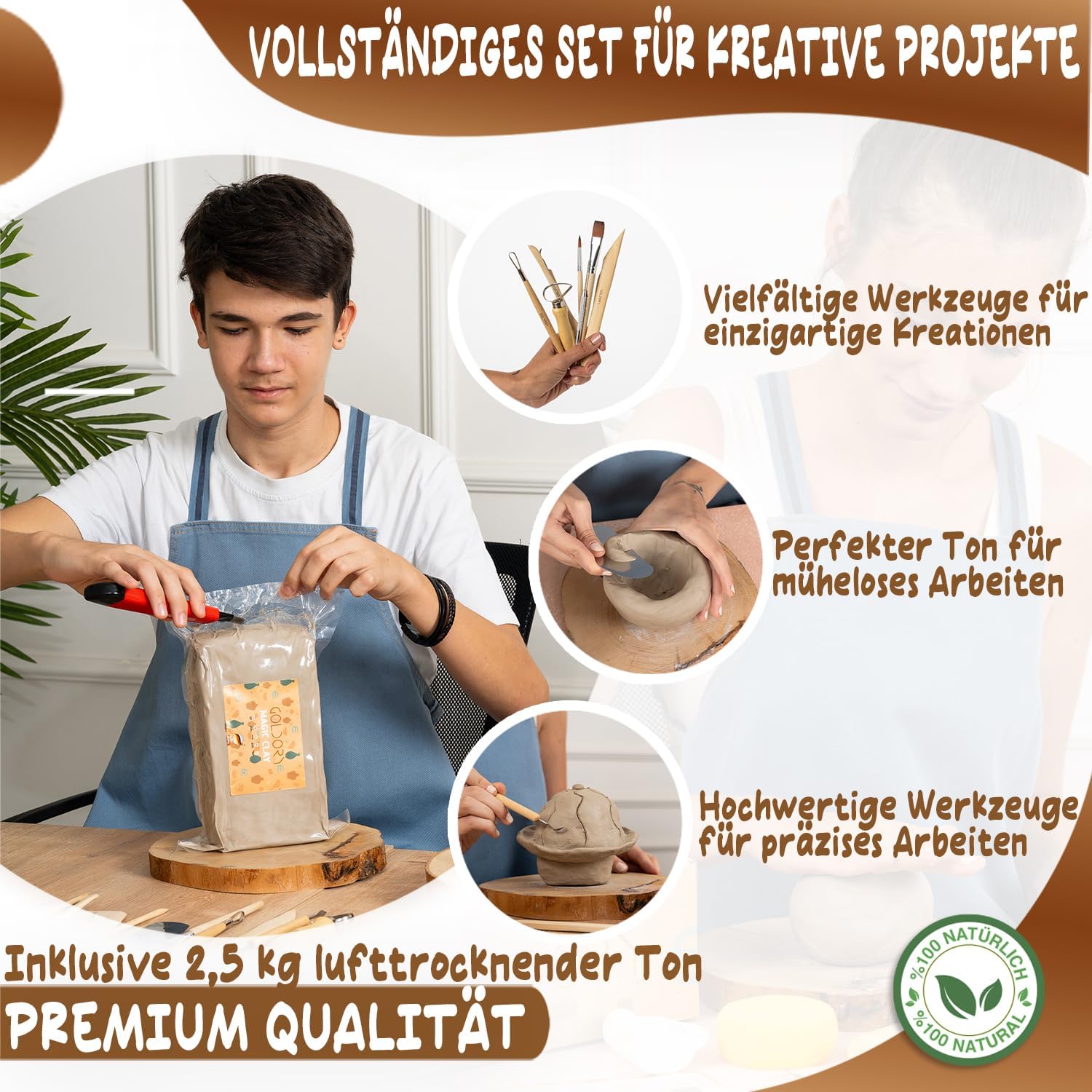 Töpferset für Zuhause mit lufttrocknendem Ton | Ton Set für Kinder ohne Brennen | 2,5 kg Trockenton selbsttrocknend zum Basteln | DIY Töpfern für Erwachsene | Kreativset Geschenke