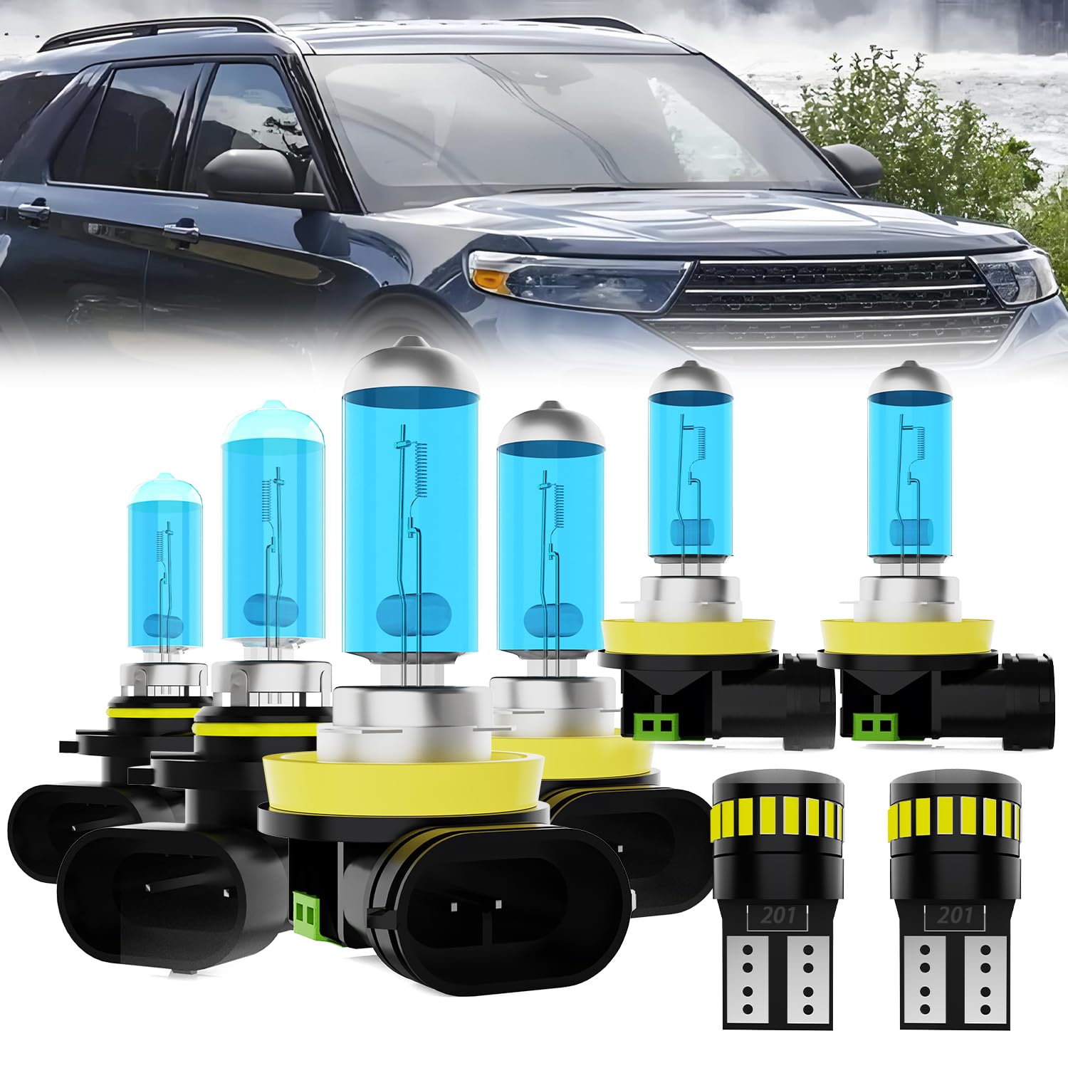 Headlight Bulbs License Plate Lights Fit For Ford Explorer 2021, 9005 High Beam + H11 Low Beam + H11 Fog Lights Halogen Bulb + License Plate Lights, Pack of 8