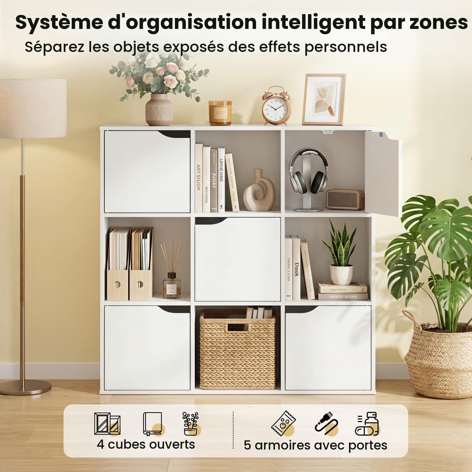 COSTWAY Bibliothèque Étagère de Rangement 9 Cases, Armoire de Rangement avec 4 Cubes Ouverts 28 x 28 cm, 5 Compartiments avec Porte, Meuble de Rangement pour Salon, Bureau, Chambre, Blanc