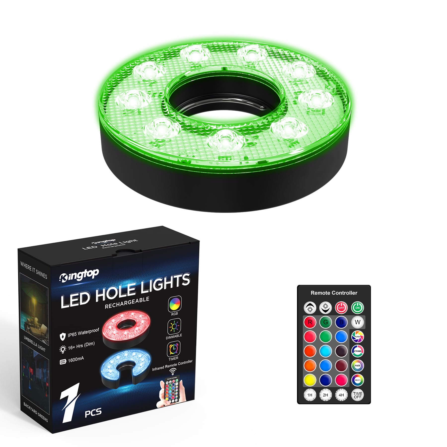 KINGTOP Rechargeable LED Golf Hole Light - Waterproof, Focused Illumination Lens, Remote-Controlled, Perfect for Backyard Night Golf Practice Putting