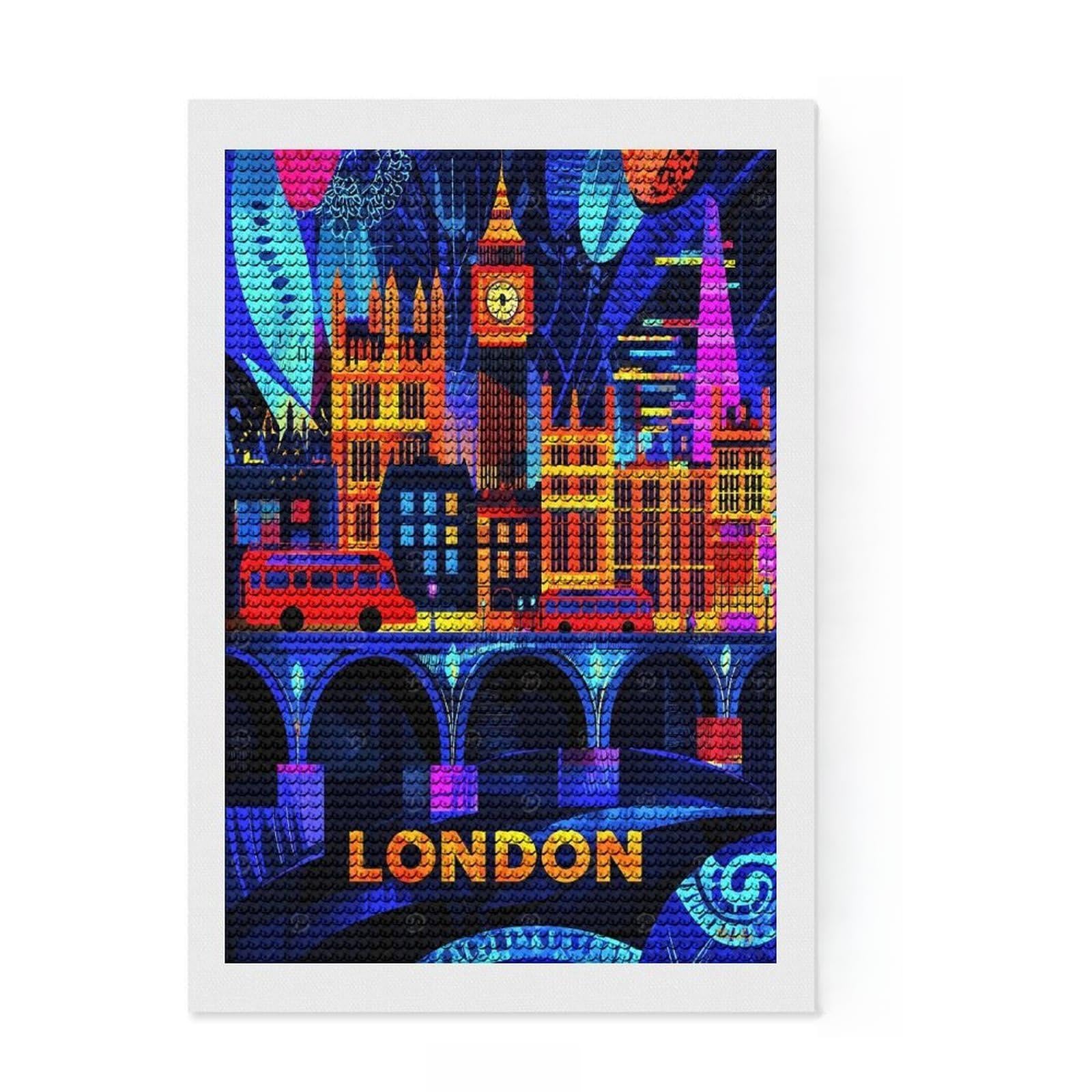Junmoney London Neon Nights – Vibrant Cityscape Art Diamond Art Kit 8"x12", Mindful Craft Activity, Office Decor, for Creative Relaxation, Thoughtful Handmade Gift