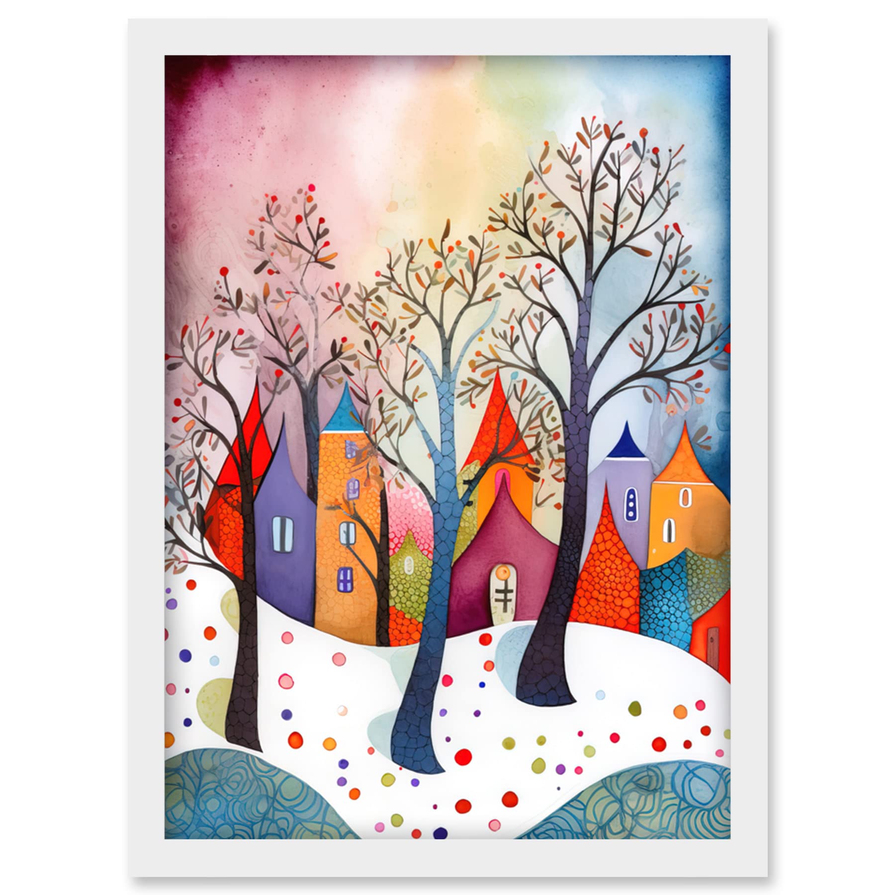 Artery8 Winter Whimsy Forest Village Folk Art Artwork Framed Wall Art Print A4