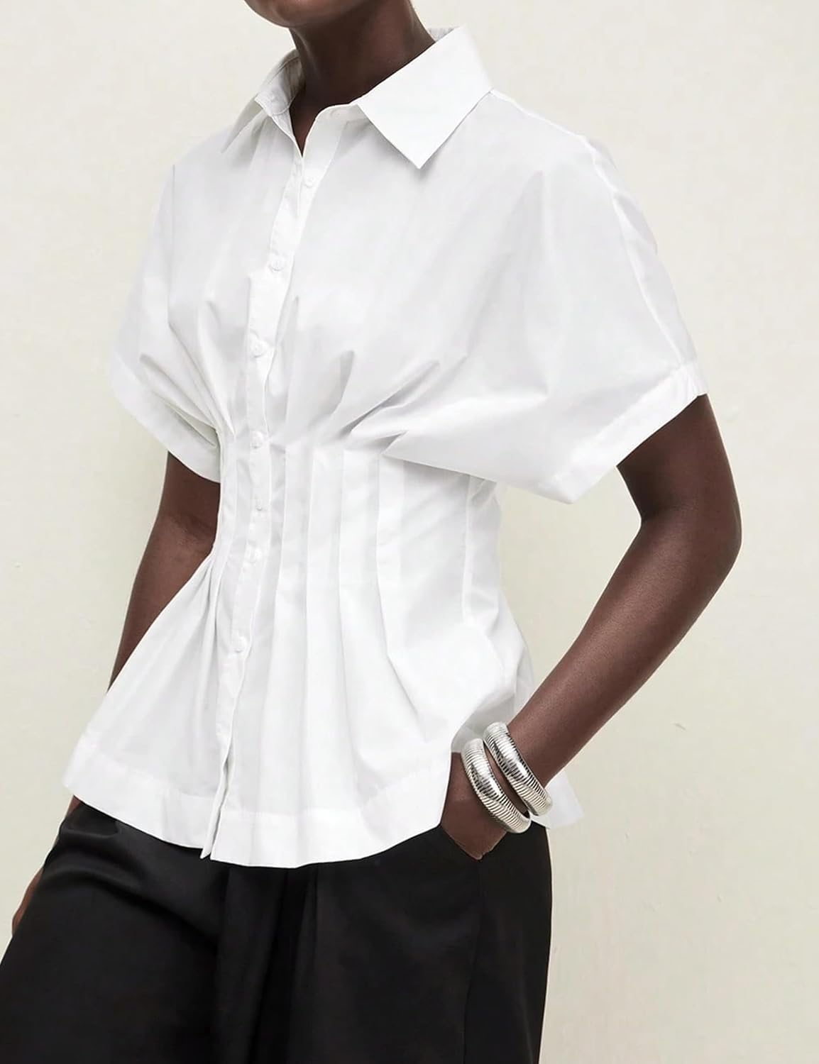 Women Striped Button Pleated Shirts Short Sleeve Summer Casual Peplum Blouse - Image 3