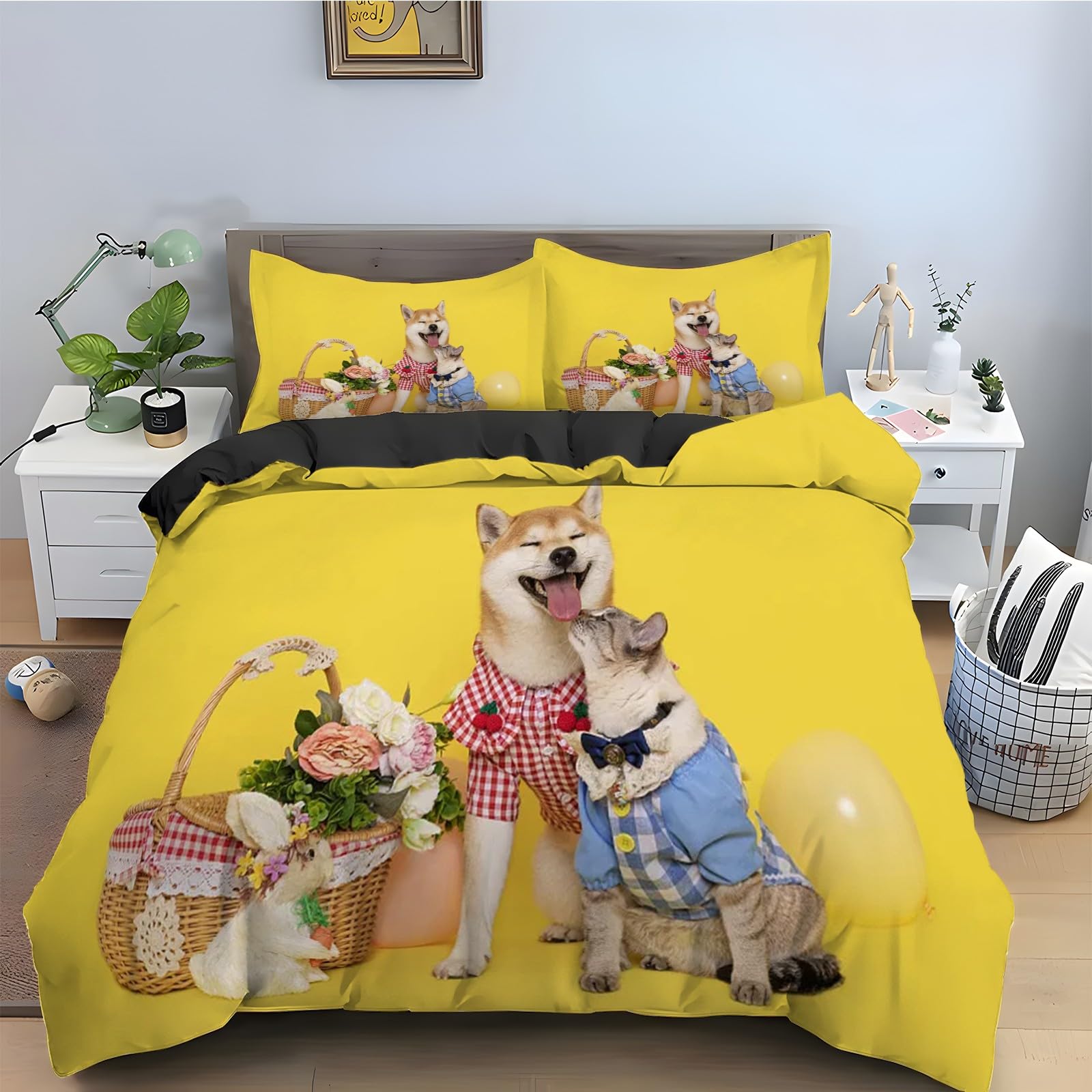 Housse de couette 220x240 corgi avec parure de lit 3 pièces imprimée fleurs