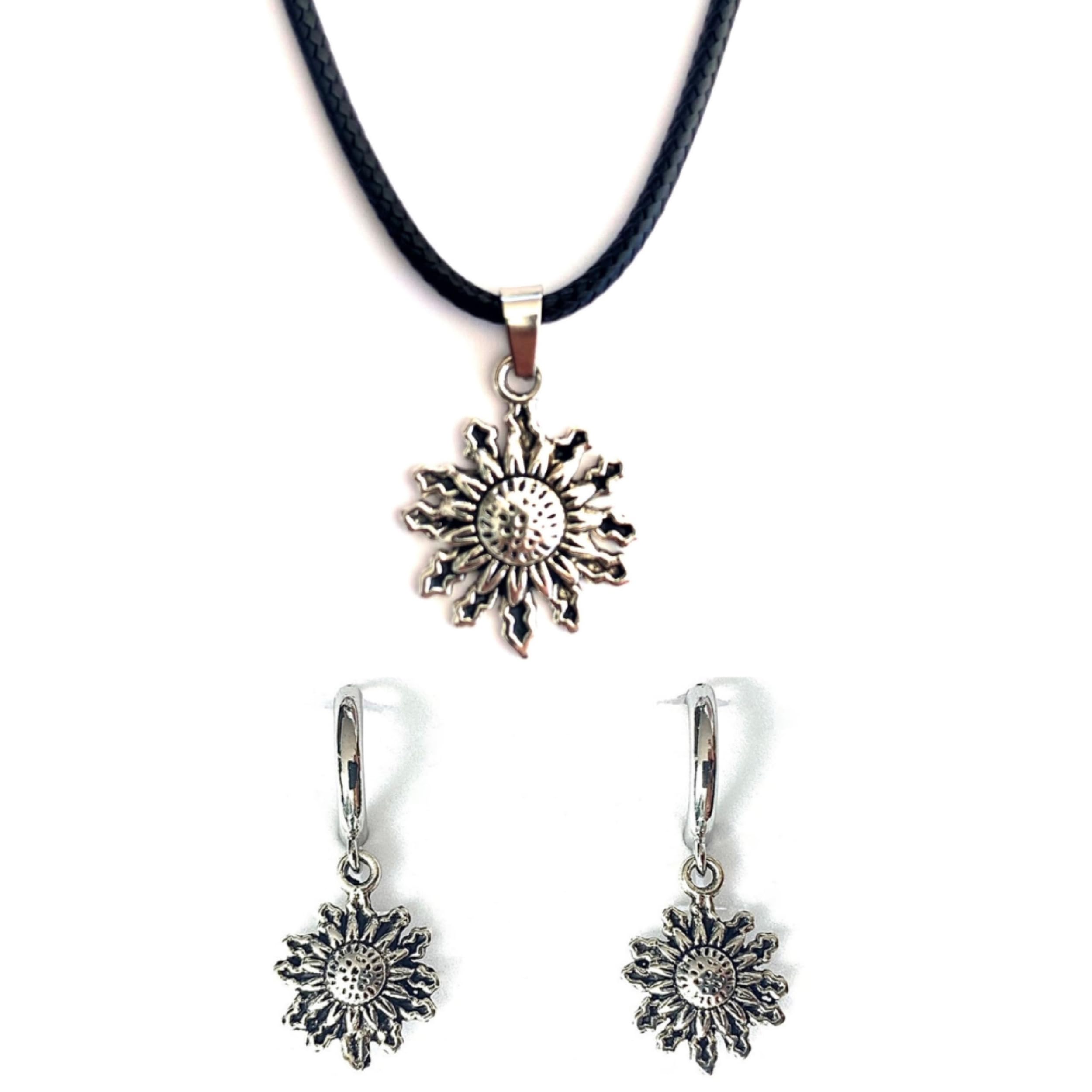 ASTER ALHELÍ Conjunto Pendientes y Colgante Sol Étnico - Aros Mujer Chapados en Platino - Colgante de Protección Flor del Sol color Plata Vieja - Amuleto Perfecto para Regalo (Conjunto Colgante y Pendientes)
