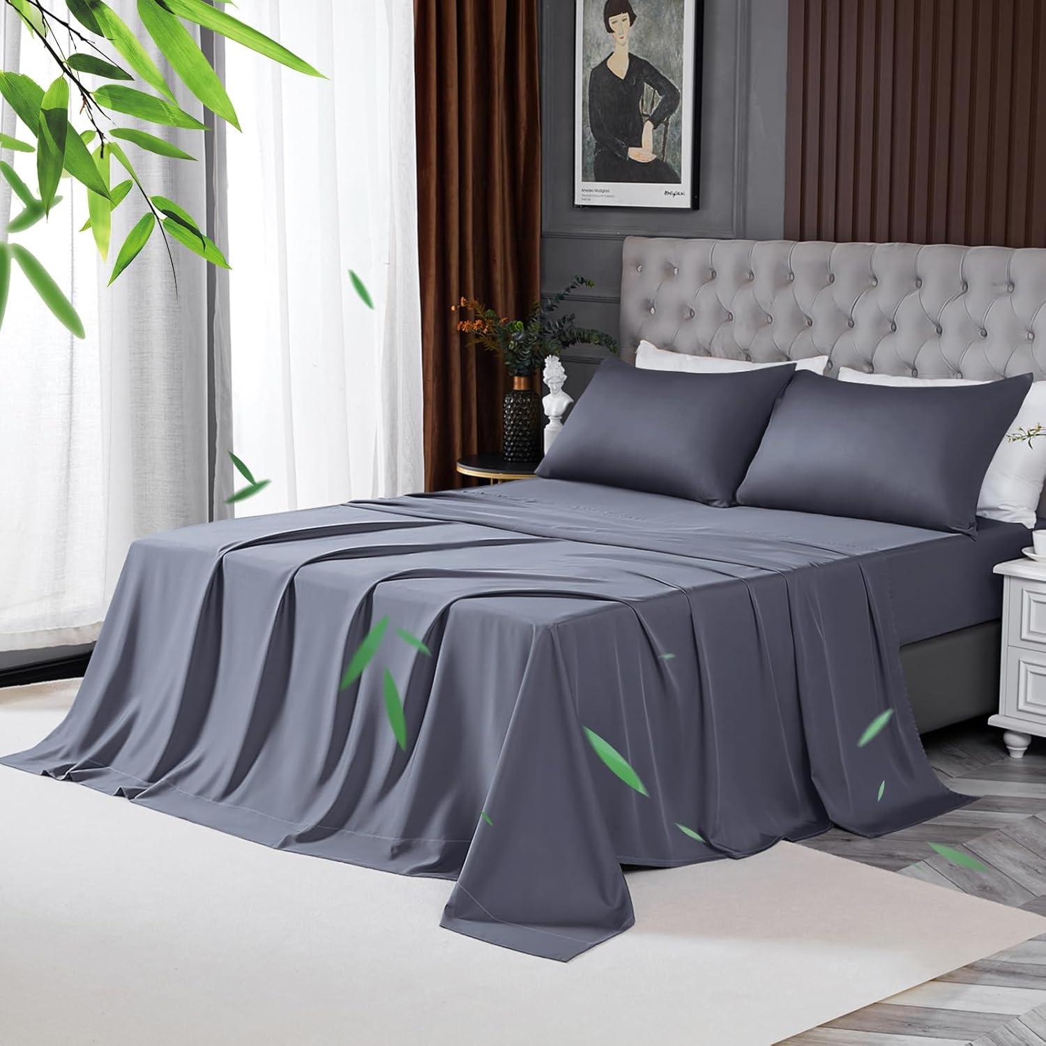 100% Viscose Derived from Bamboo Sheets for Hot Sleepers, 400 Thread Count, 16" Deep Pocket, Silky Soft, Cooling and Breathable, King, Dark Gray