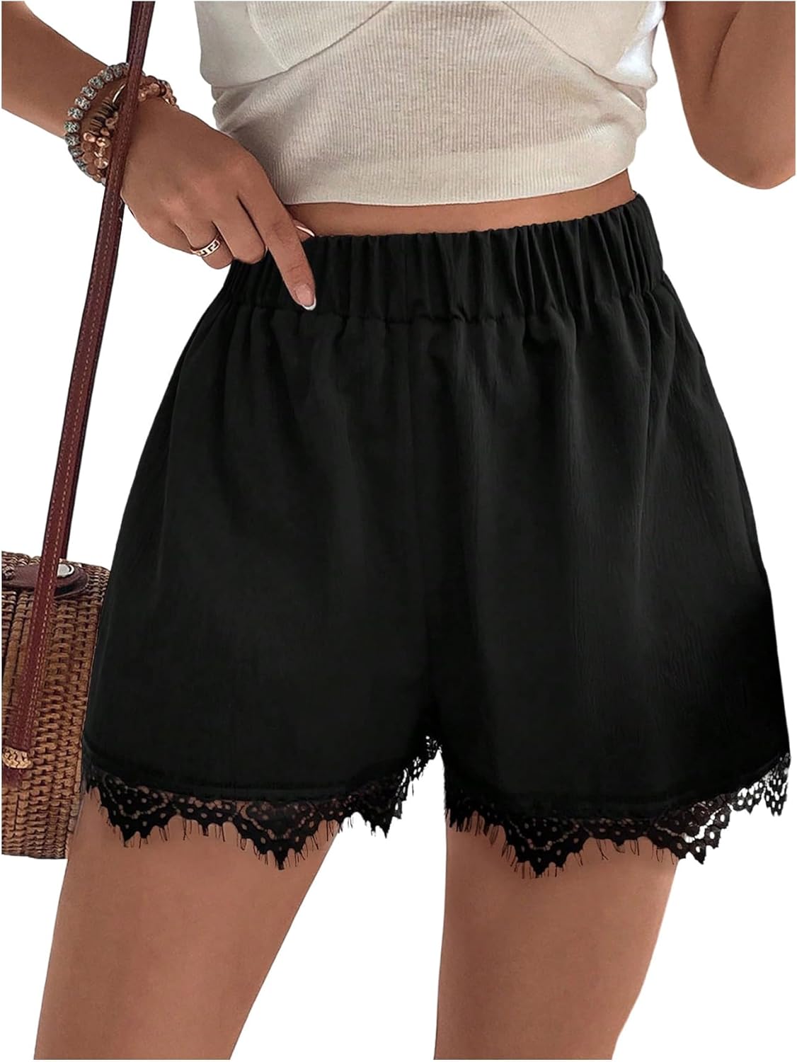 MakeMeChic Women's Lace Shorts Contrast Elastic High Waist Wide Leg Shorts