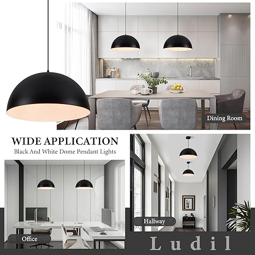Miniatura 6 de Iluminación colgante industrial para isla de cocina, lámpara colgante de cúpula de metal blanco y negro de 16 pulgadas, lámpara colgante de granja