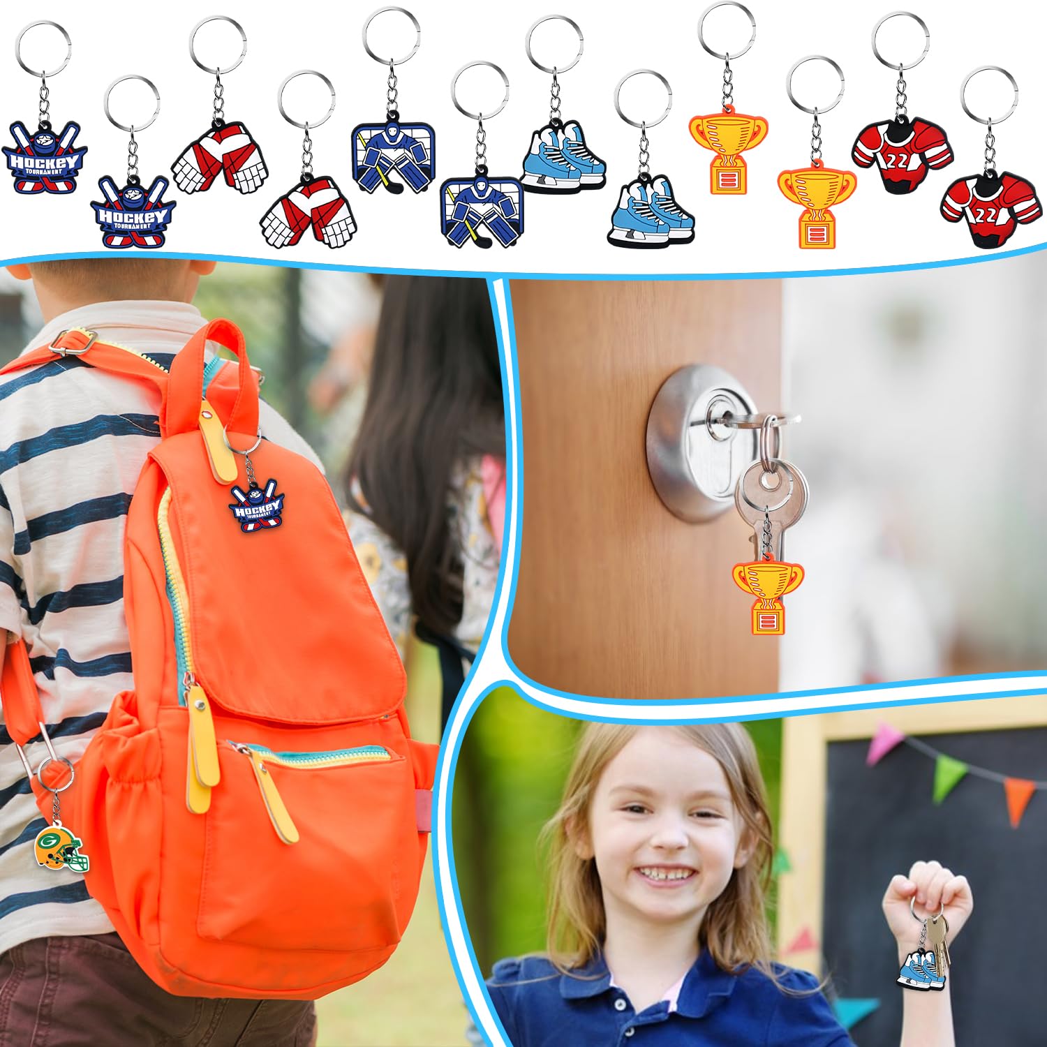 Il set di 36 bomboniere per feste di hockey include 12 sacchetti con coulisse, 12 braccialetti in silicone, 12 portachiavi motivazionali per hockey su ghiaccio, sport, feste, regali di