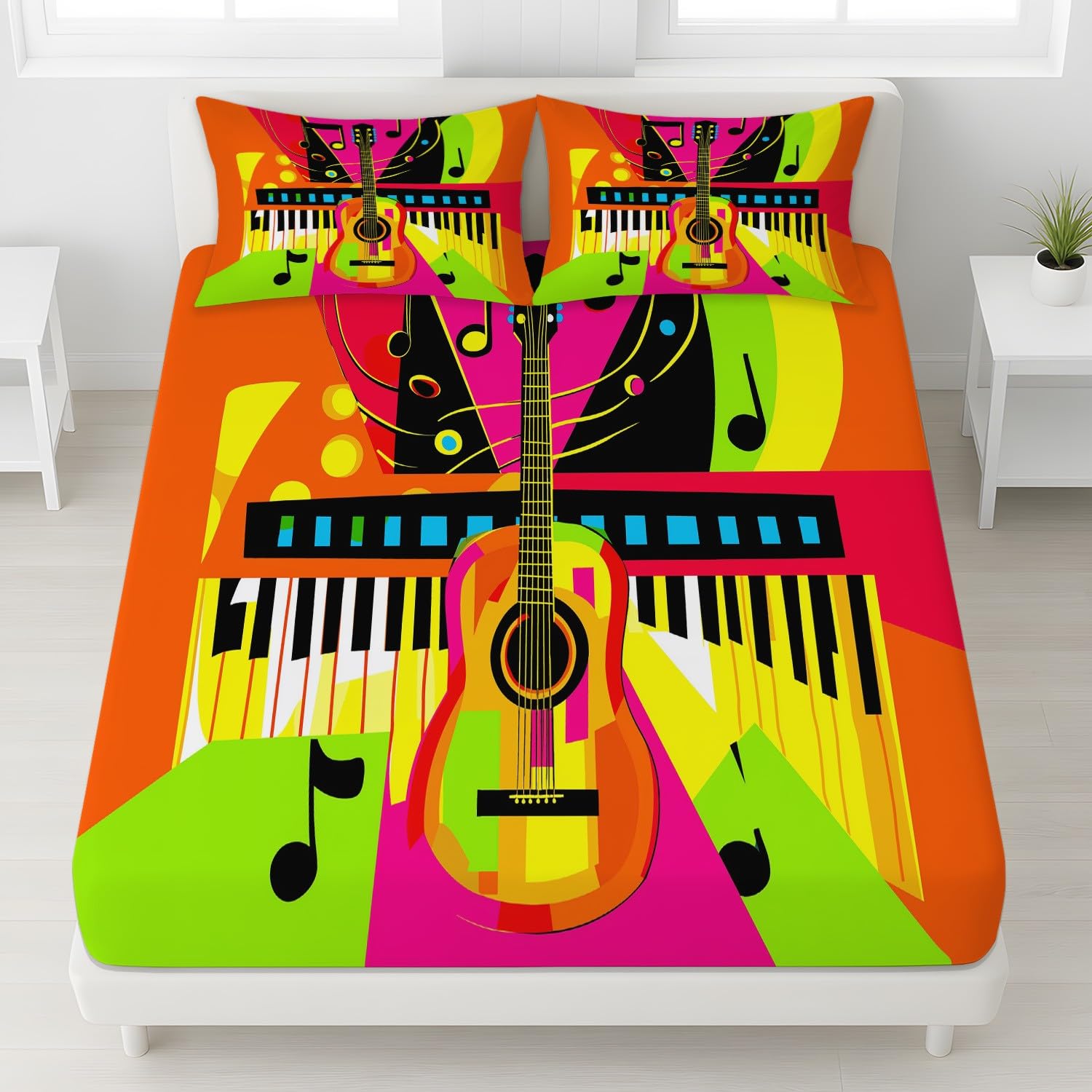 Rock Music - Sábana bajera ajustable (90 x 200 x 30 cm, 2 piezas, diseño pop art de guitarra, piano, juego de sábanas para niños, adolescentes y adultos, suave microfibra, decoración