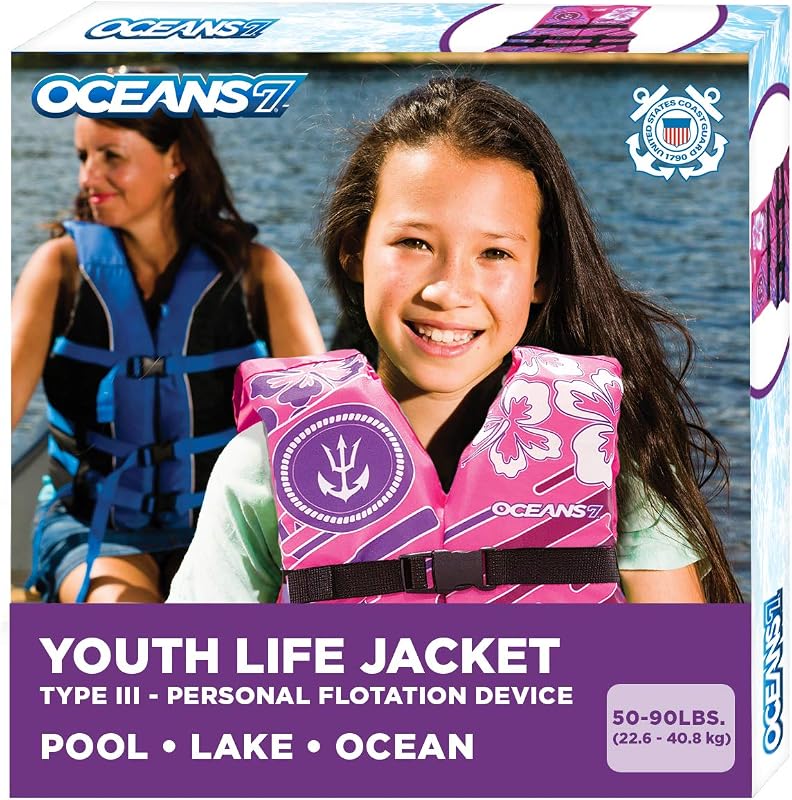 Aqua Oceans 7 Chaleco salvavidas para niños – Chaleco salvavidas aprobado por la Guardia Costera de EE. UU. para bebés, niños y jóvenes, PFD de lado abierto para navegación, natación y deportes acuáticos