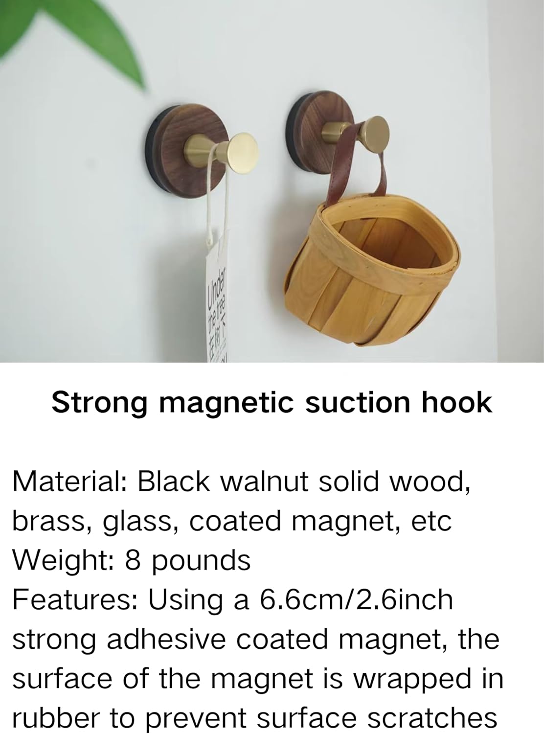 2 Pcs Magnetic Wooden Brass Hooks for Hanging, Multi-Purpose Strong Bearing Capacity Farmhouse Natural Rustic Walnut Wood Hooks for Coats, Towel, Hat, Keys, Purse