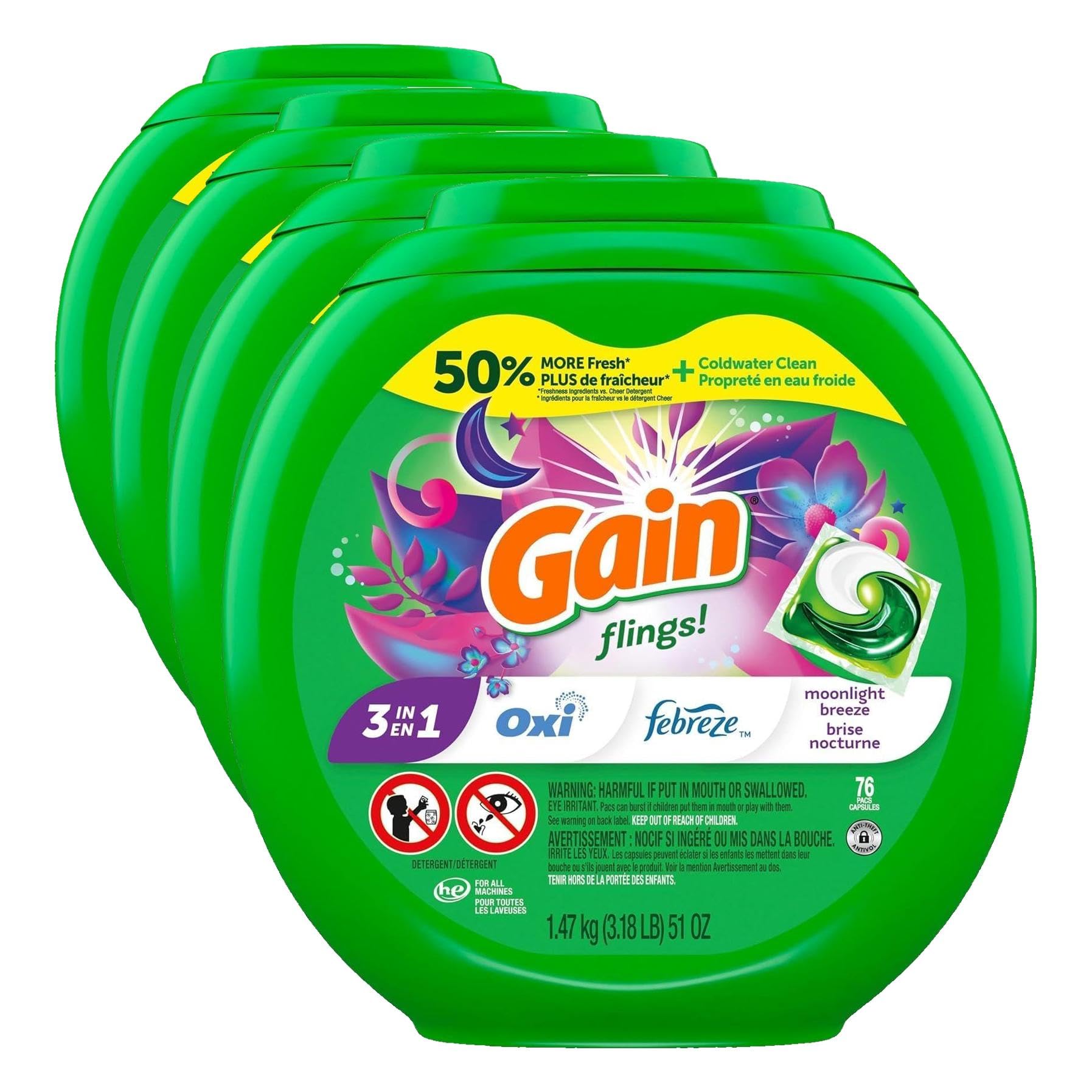 Gain Flings Liquid Washing Detergent Pods with Odor Defense + Color Guard, Moonlight Breeze Scent, 4-in-1 Liquid Laundry Detergent Pacs, Clean &amp; Fresh, (Packaging May Vary), 76 Count (Pack of 4)
