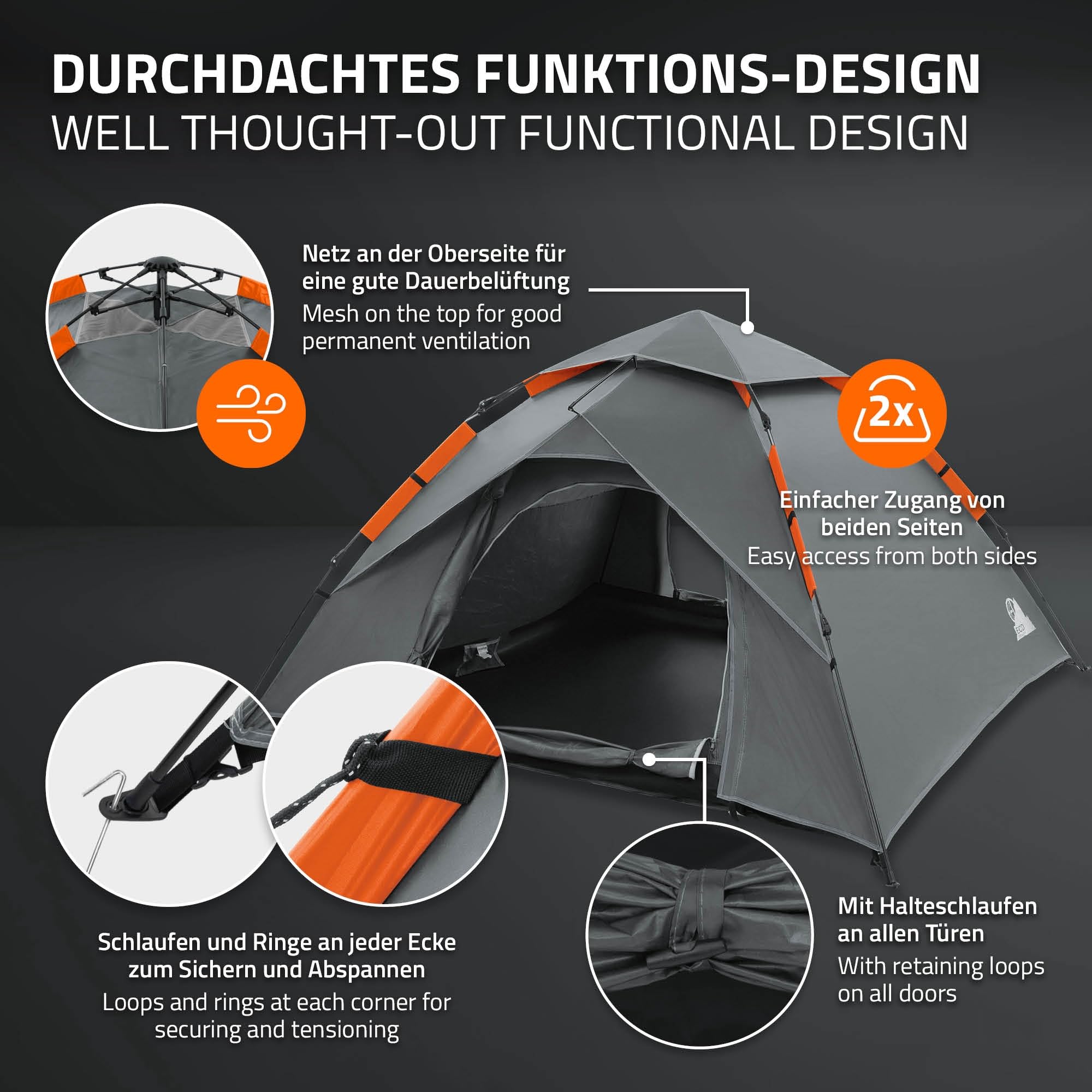 ECD Germany Namiot 3-4 Osobowy Pop-Up Campingowy, Lekki Dwuwarstwowy Namiot Outdoor Kopulowy z 2 Wejsciami, Wodoodporny i Wiatroodporny Namiot Rodzinny z Torba na Camping i Wedrówki, Zielony/Szary