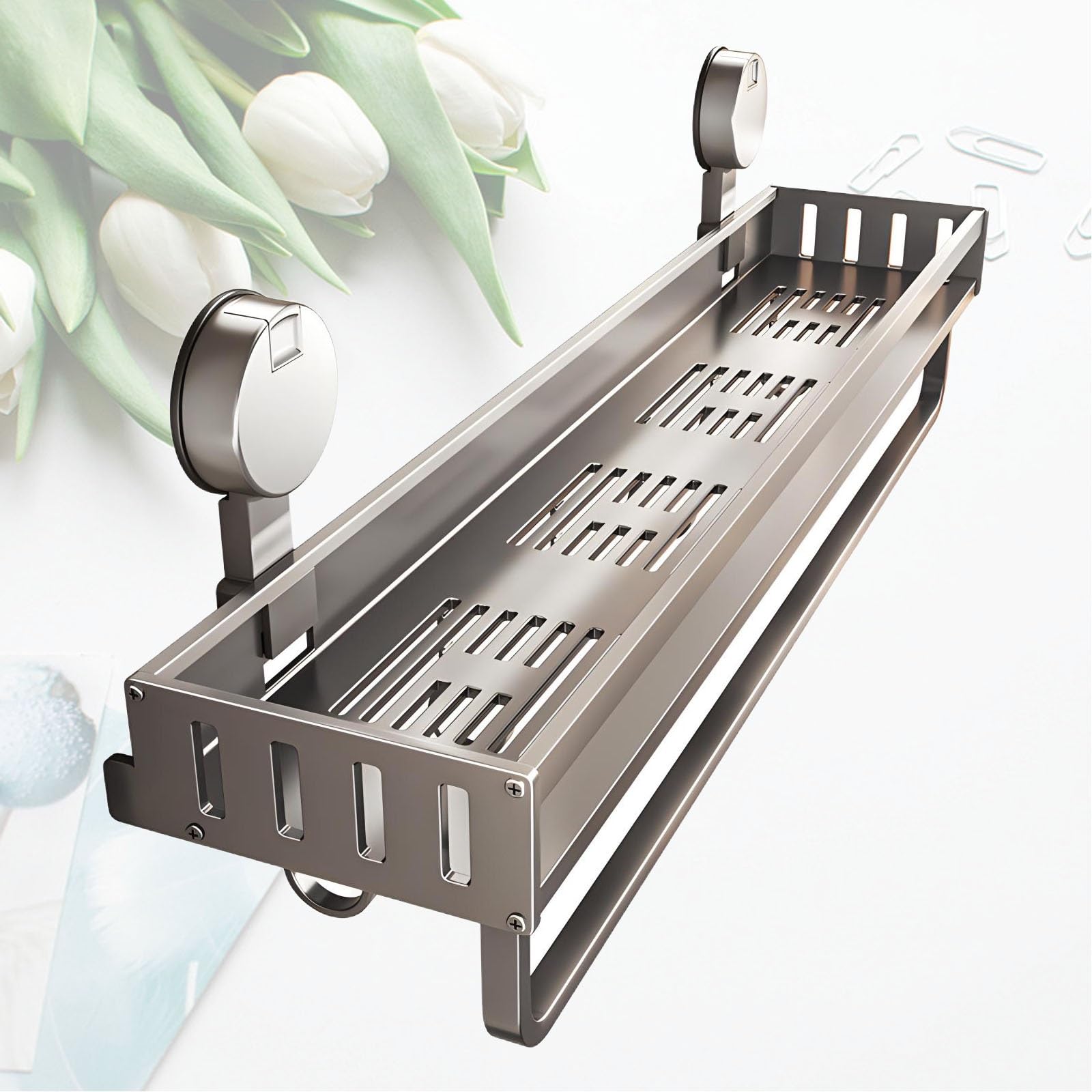 Wieszak na ręczniki bez wiercenia, 60 cm, przyssawka, półka łazienkowa z haczykami, aluminiowy uchwyt na ręczniki do kuchni i łazienki, oszczędność miejsca, łatwa instalacja