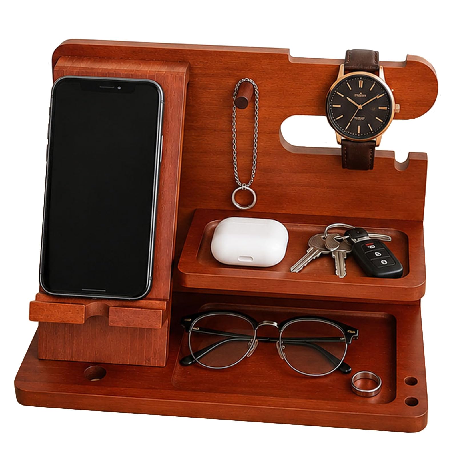 PSKJHN Wooden Jewellery And Key Organiser, Solid Wood Phone Docking Stand with Watch Holder, Entryway Valet Tray for Wallet Glasses Ring Earbuds, Hallway Table Gift Brown,25 * 14 * 17cm
