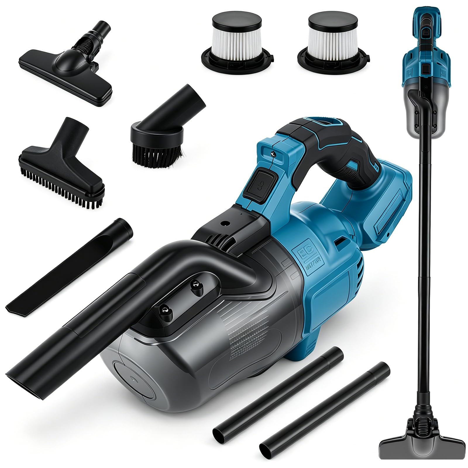 Aspiradora con batería para baterías Makita de 18 V, aspiradora de mano de 10000 Pa con 4 boquillas y depósito de polvo de 0,75 l y 2 filtros HEPA, aspiradora de mano portátil 4 en 1 para suelo de