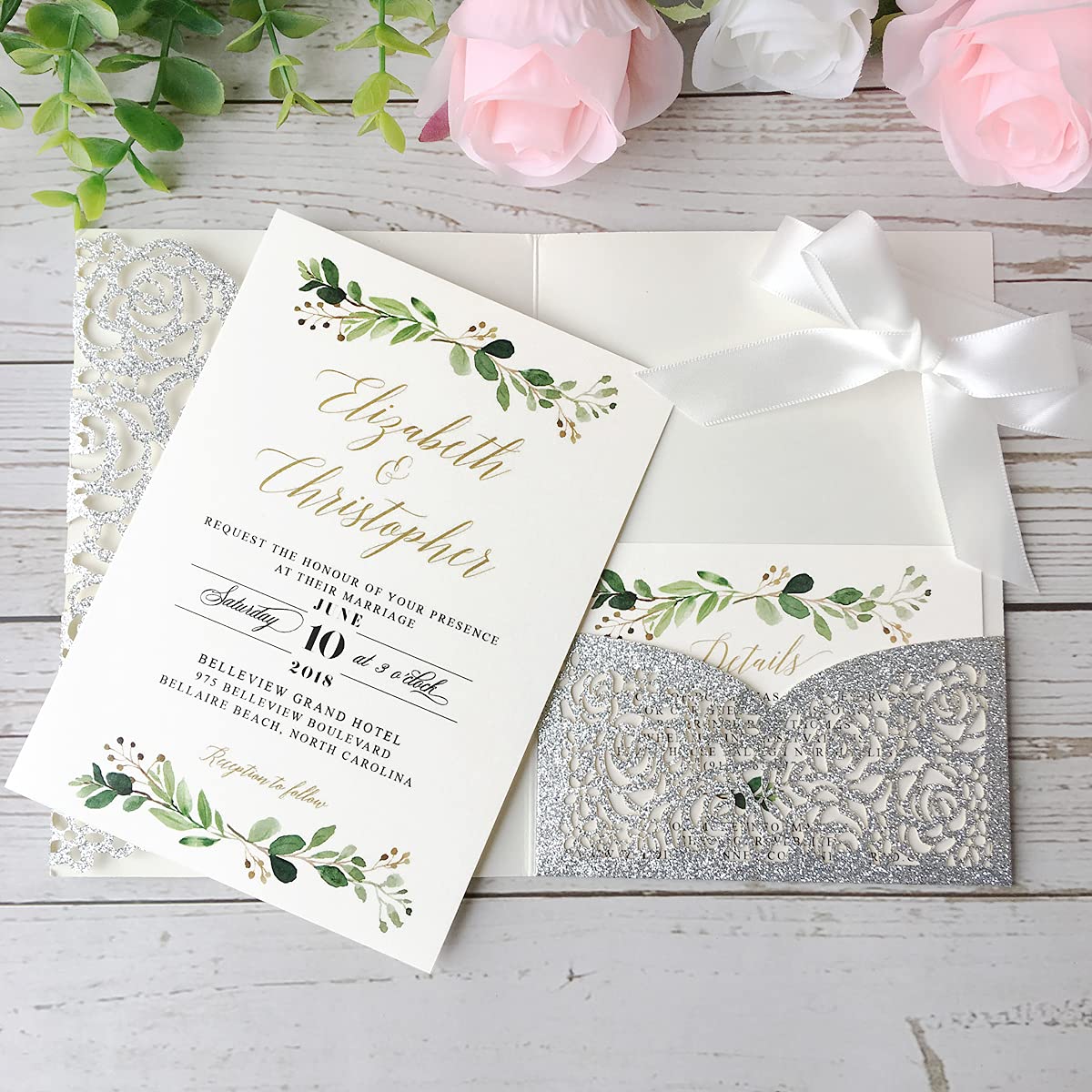 KUCHYNEE 5.1 x7.1 inch 50PCS Blank Silver Glitter Laser Cut wedding invitations with Envelopes & Hollow Rose Pocket With Ribbon & RSVP Invitation for Wedding Quincenera Invite