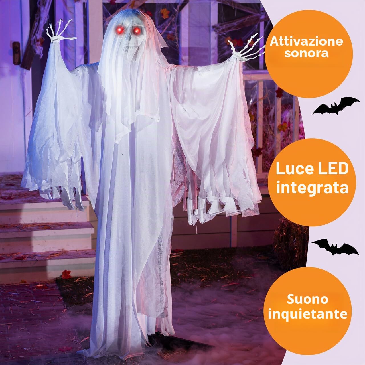 JOYIN - Decorazione di Halloween con fantasma animato da 172,7 cm, con occhi luminosi e suono raccapricciante (attivazione del suono) per Halloween all'aperto, prato, cortile,