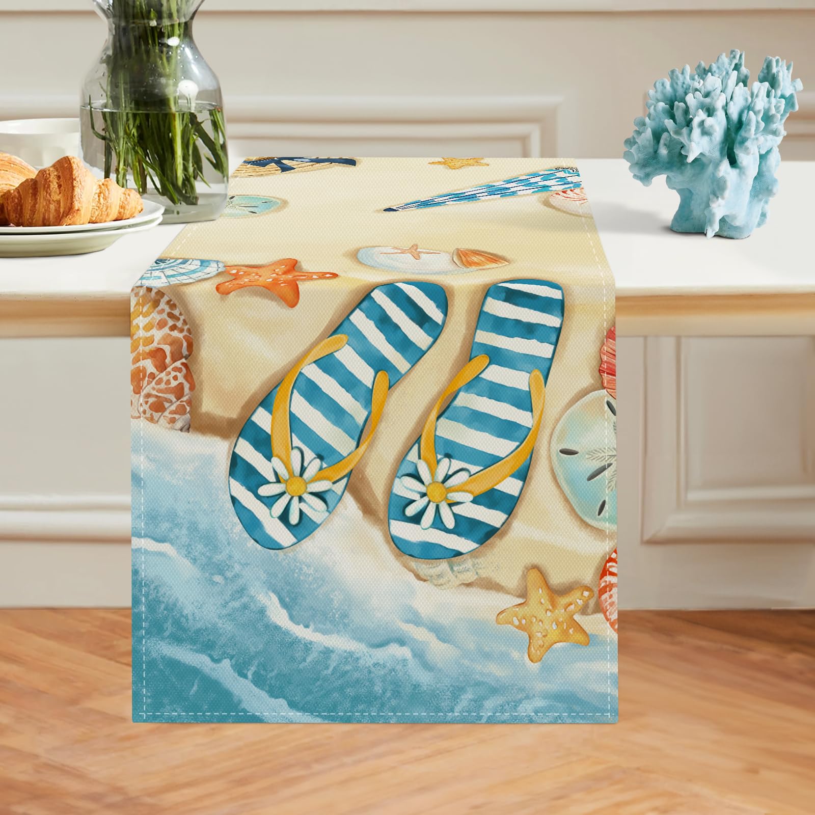 Bonhause Summer Beach Flip Flops Table Runners for Kitchen Dinning Table Decoration, Starfish Shell Seaside Themed Table Runner for Indoor Outdoor Home Holiday Party Decor(33 x 183 cm)