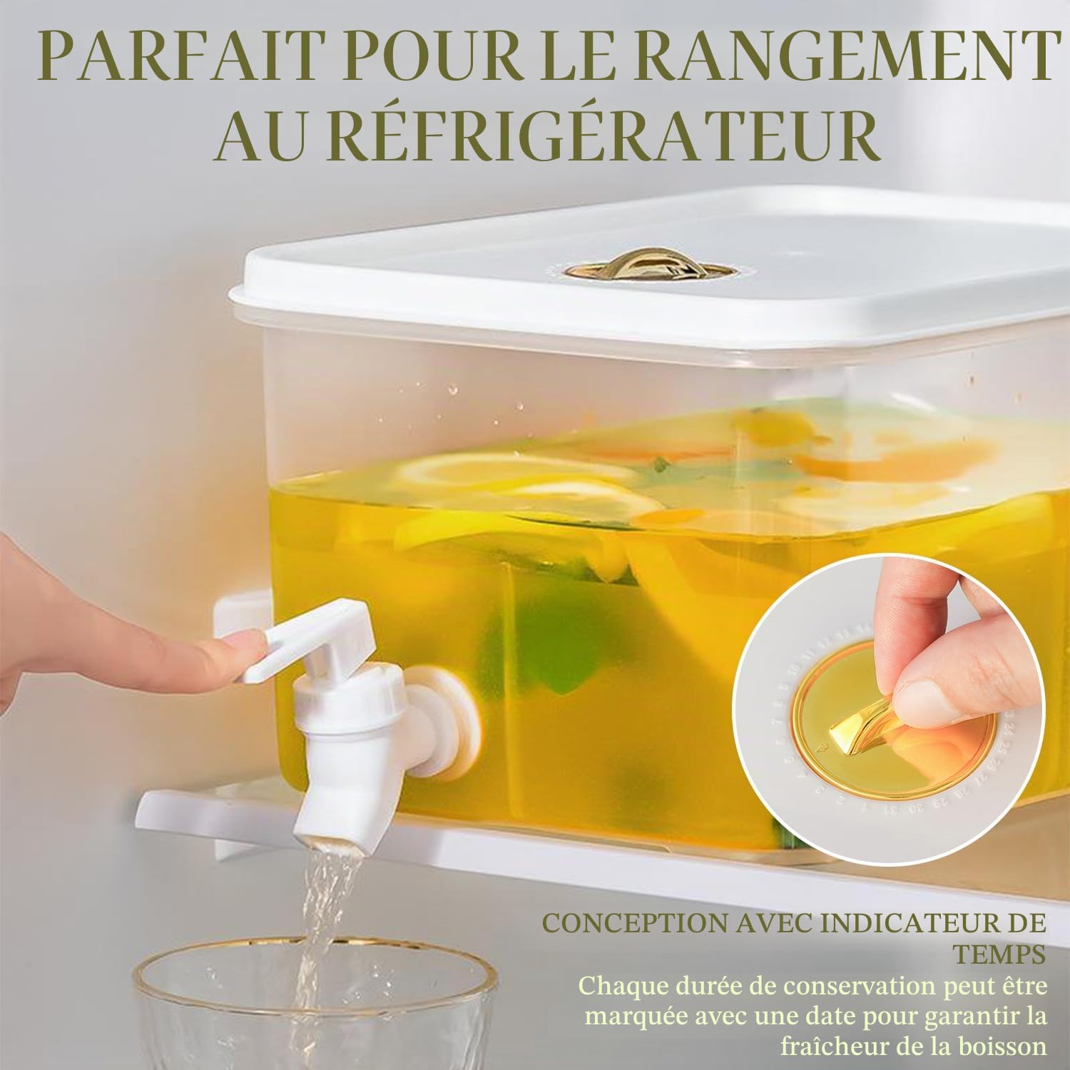 Distributeur de boissons de 5 L avec robinet, distributeur d'eau et de jus de fruits pour réfrigérateur avec filtre et date de stockage, distributeurs de boissons glacées pour lait, thé glacé