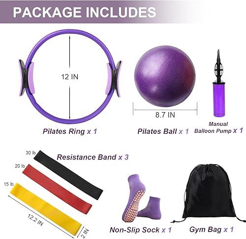 Miniatura 5 de Juego de anillos y bolas de pilates con bandas de resistencia, anillo de pilates de círculo mágico de 12 pulgadas, equipo de pilates ideal para