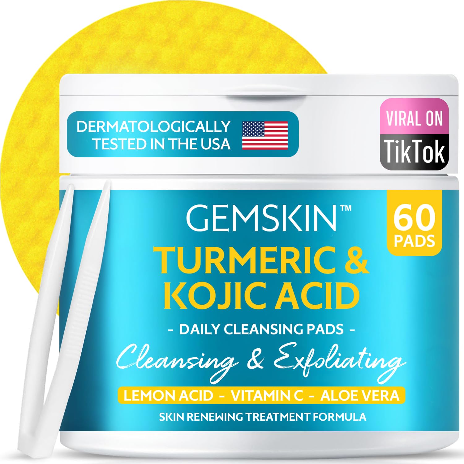 GEMSKIN Turmeric Kojic Acid Cleansing Pads - Brightening Dark Spot Remover, Deep Cleaning Pores & Exfoliating Vitamin C & Aloe Vera - Foaming Turmeric