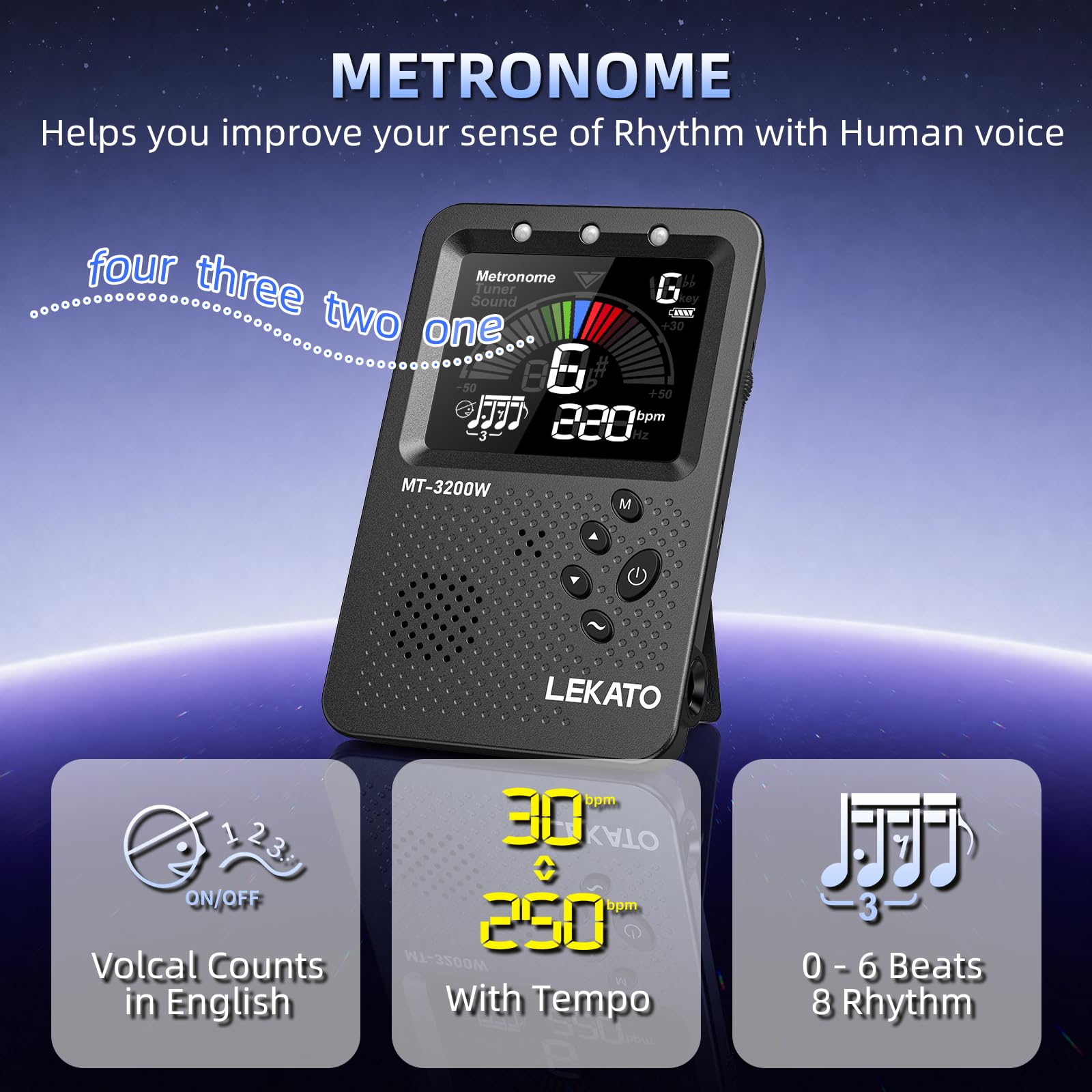 LEKATO Accordeur de métronome numérique rechargeable 3 en 1 avec battement de voix humaine pour tous les instruments - guitare, basse, violon, ukulélé accordeur chromatique multifonction (noir)