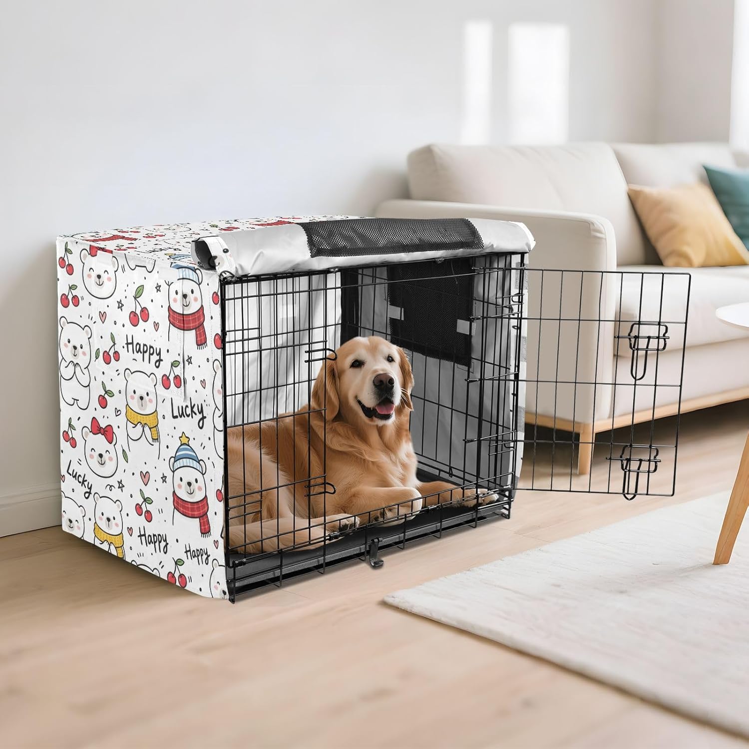 Duty 600D Silver Coated Dog Crate Cover, Water-Resistant Bear Print Pet Kennel Canopy with Mesh Windows for Optimal Ventilation, Universal Fit for Standard Wire Cage, Indoor & Travel