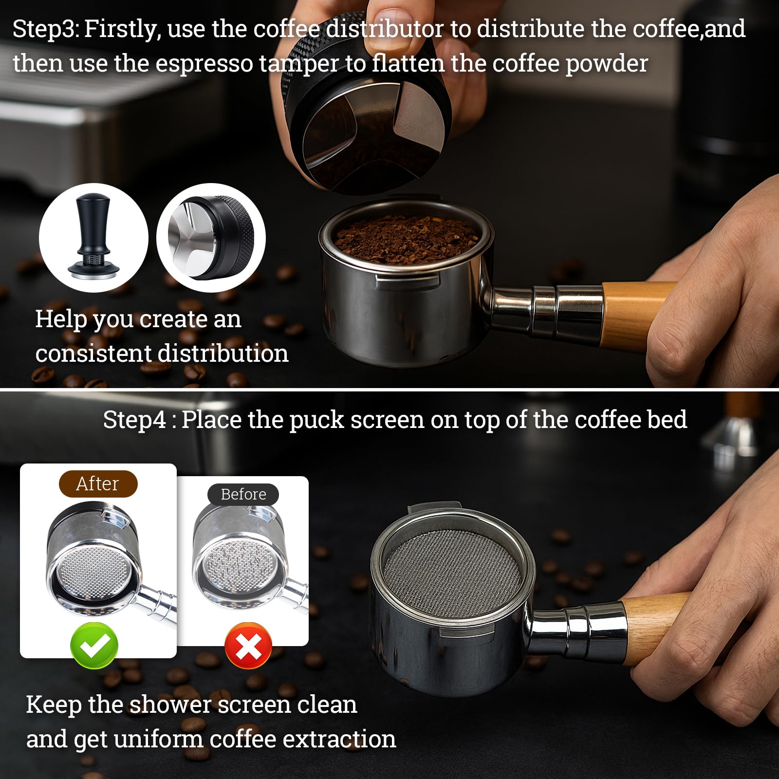 Espresso-Zubehör-Set, 54 mm, inklusive Holzstation, Verteiler, Klopfbox, Rührer, Dosiertrichter, Bürste, Pucksieb, Aufschäumkrug, Puderring, Handtuch, dekorative Schablonen, 29-teiliges Set